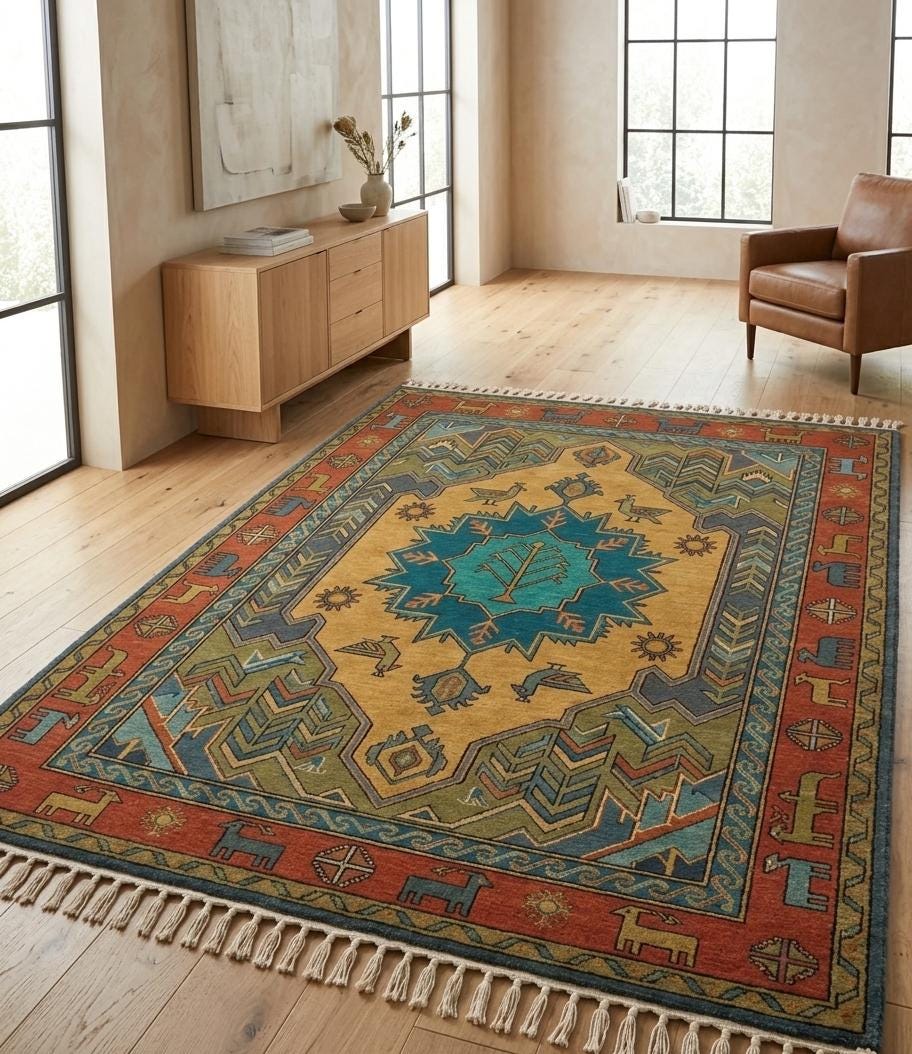 Hand Knotted Wool Rug, Southwestern Tribal Geometric Boho Carpet