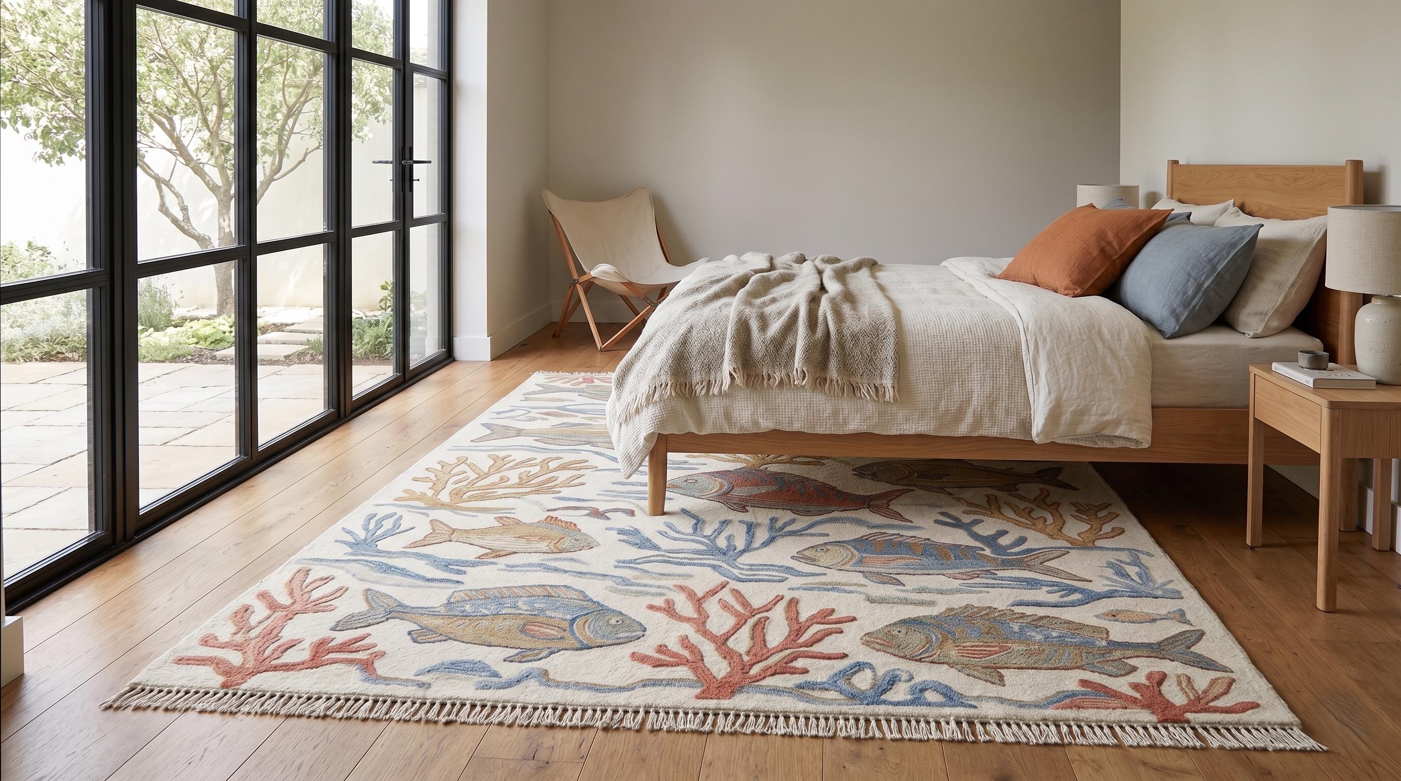 Hand-Knotted Wool Fish Rug, Ocean Coral Nautical Beach House Decor Carpet
