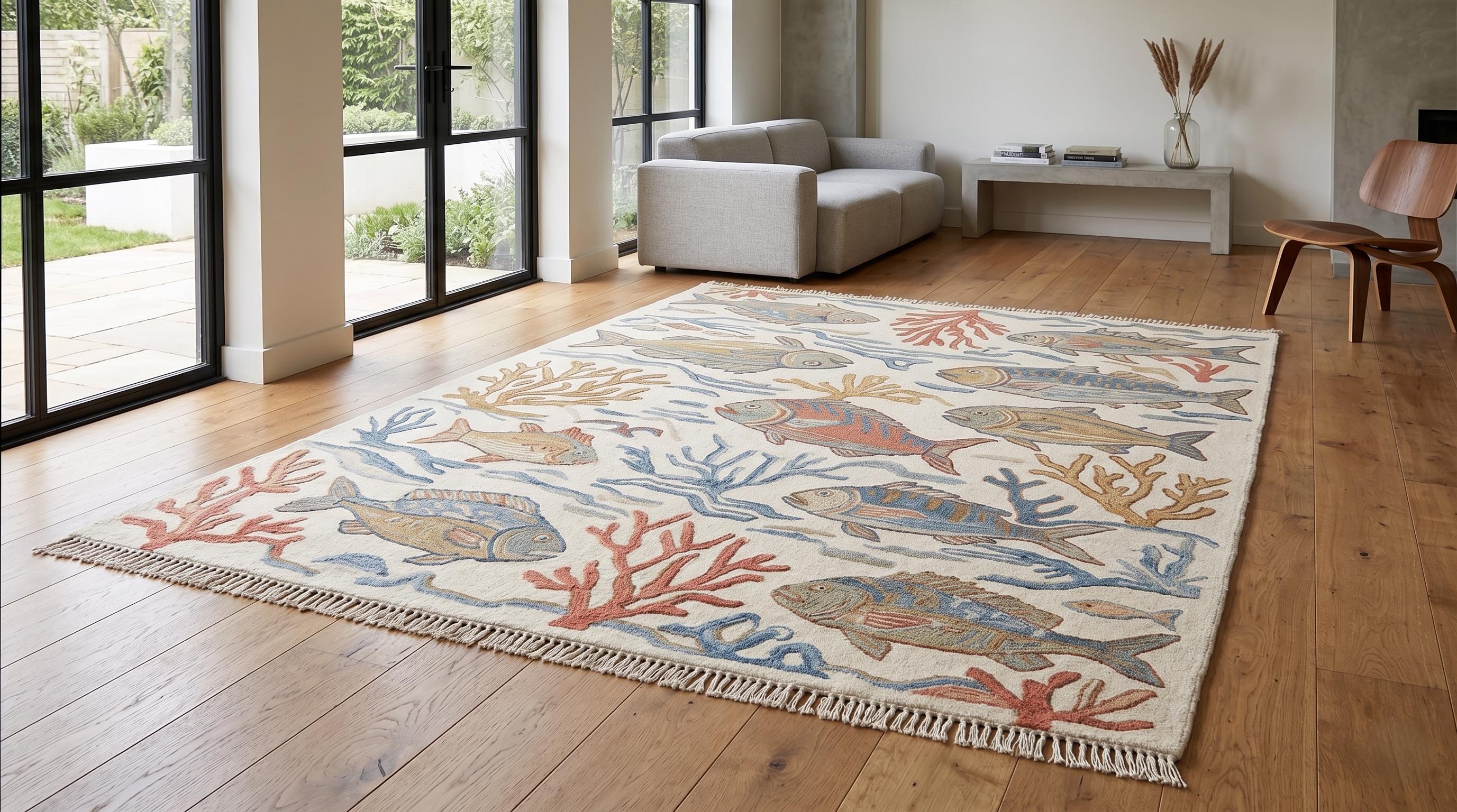 Hand-Knotted Wool Fish Rug, Ocean Coral Nautical Beach House Decor Carpet