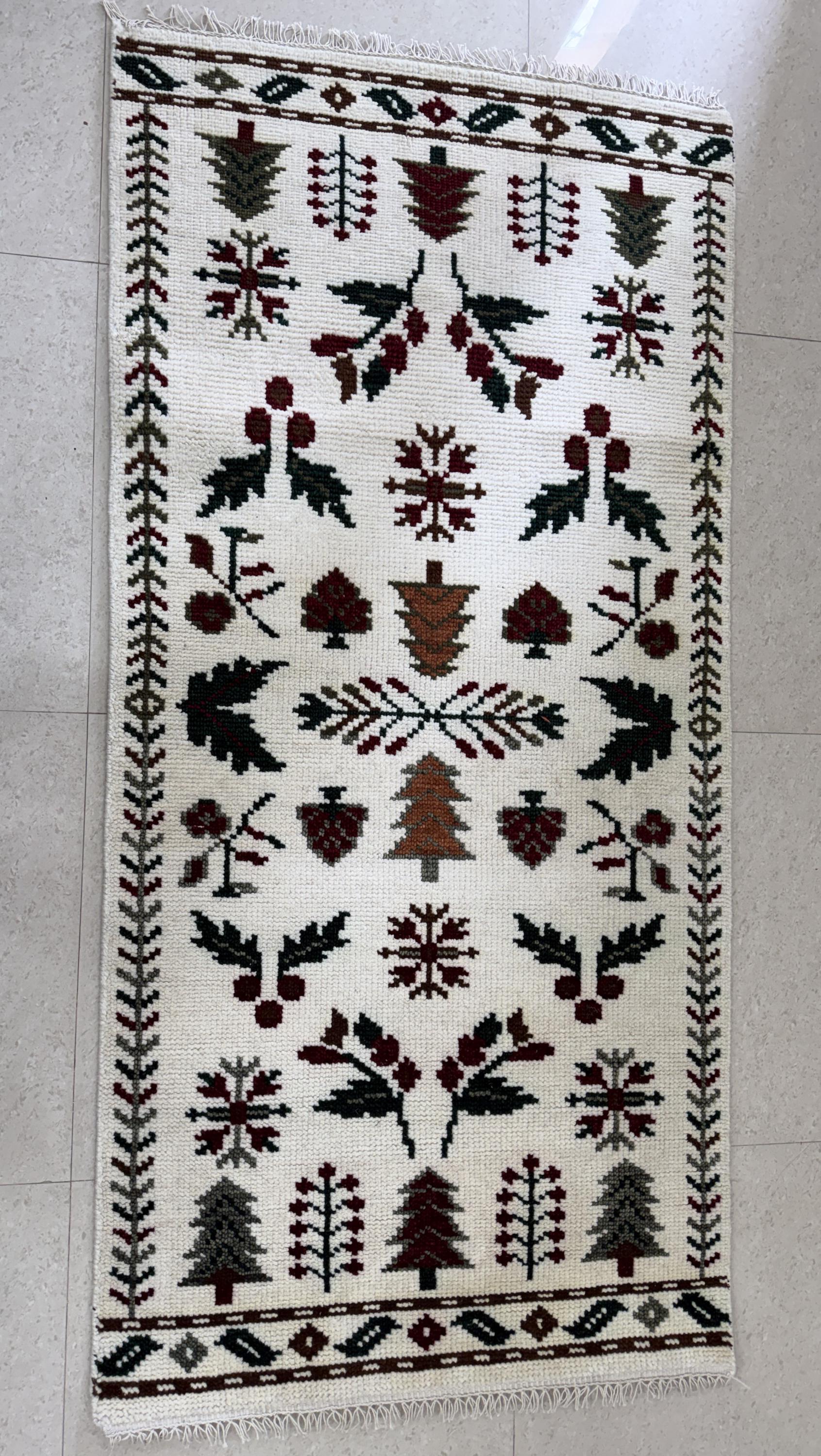 Hand Knotted Wool Rug, Scandinavian Folk Art, Tree Bird Pattern, Rustic Nordic Kilim