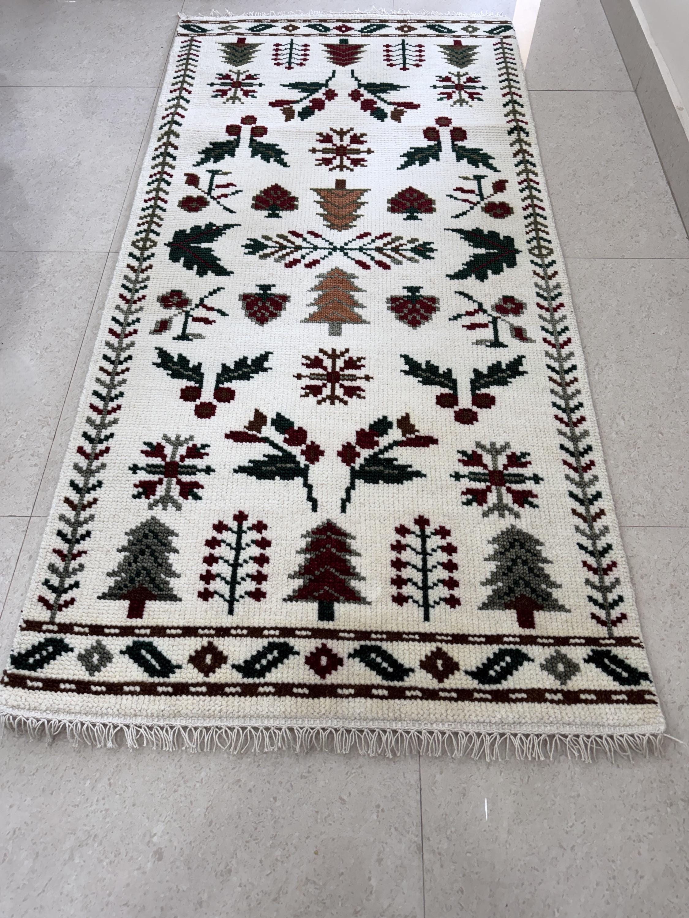 Hand Knotted Wool Rug, Scandinavian Folk Art, Tree Bird Pattern, Rustic Nordic Kilim