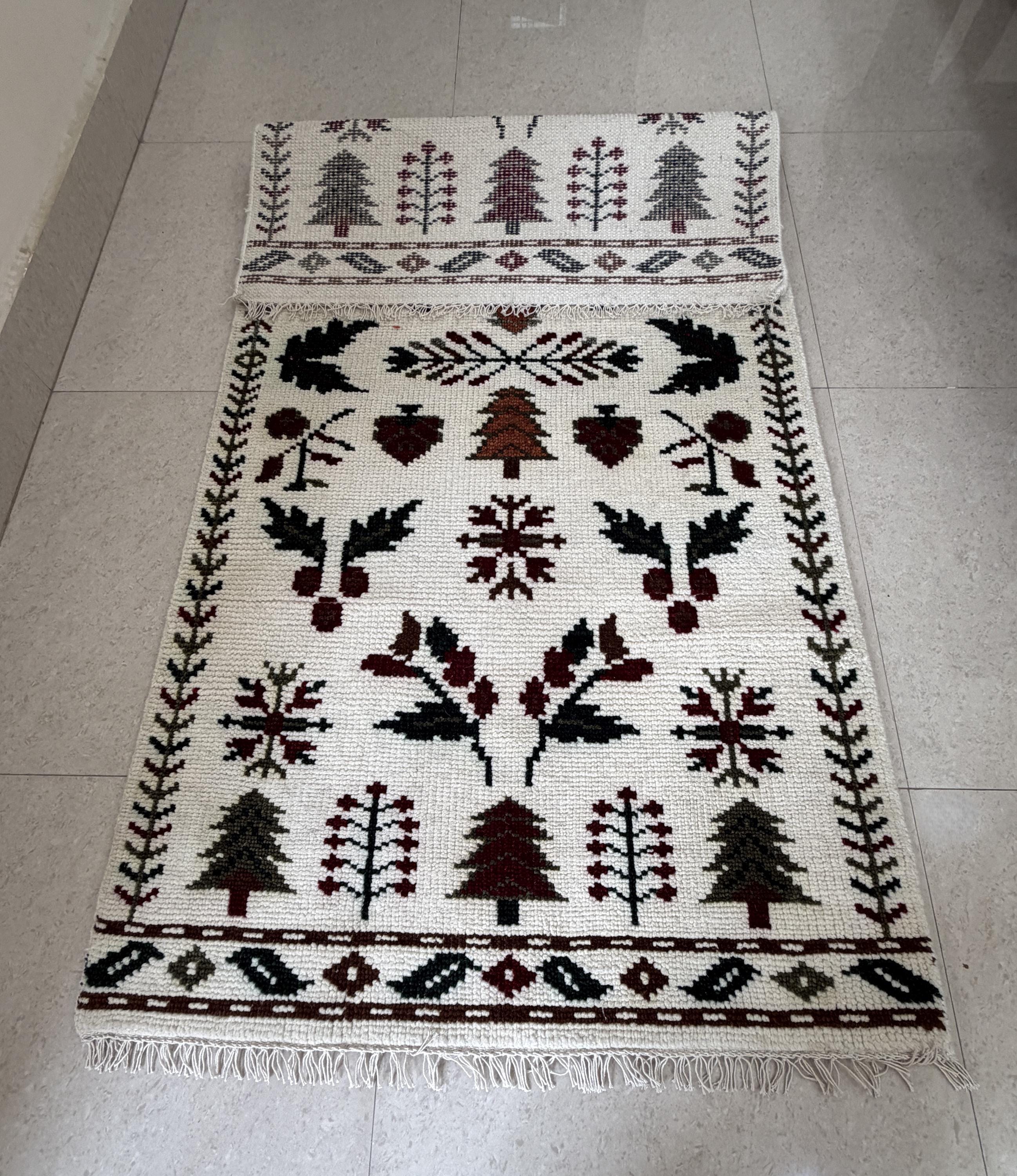 Hand Knotted Wool Rug, Scandinavian Folk Art, Tree Bird Pattern, Rustic Nordic Kilim