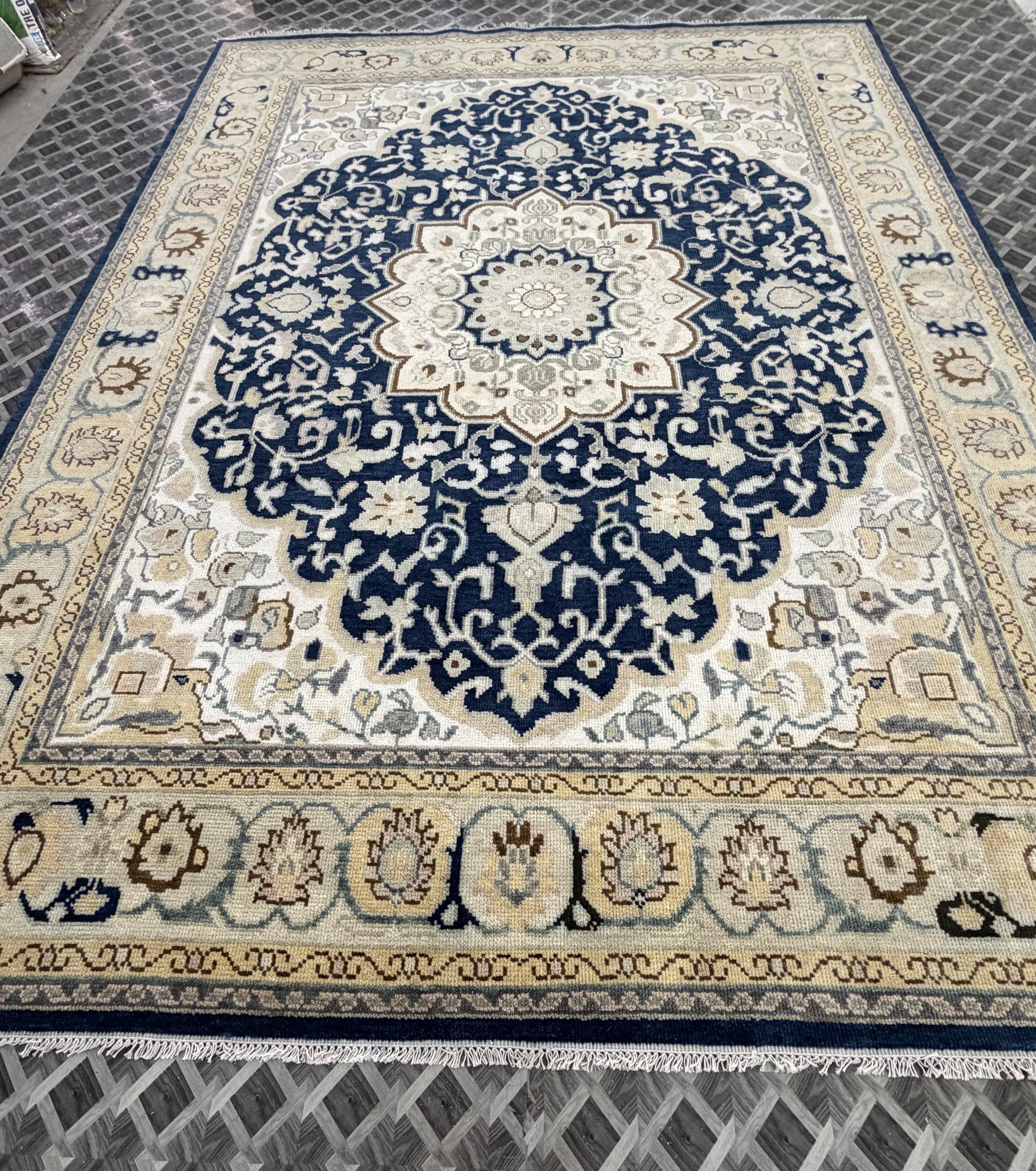 Hand Knotted Wool Medallion Rug, Navy Blue Floral Persian Style Carpet