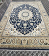 Hand Knotted Wool Medallion Rug, Navy Blue Floral Persian Style Carpet
