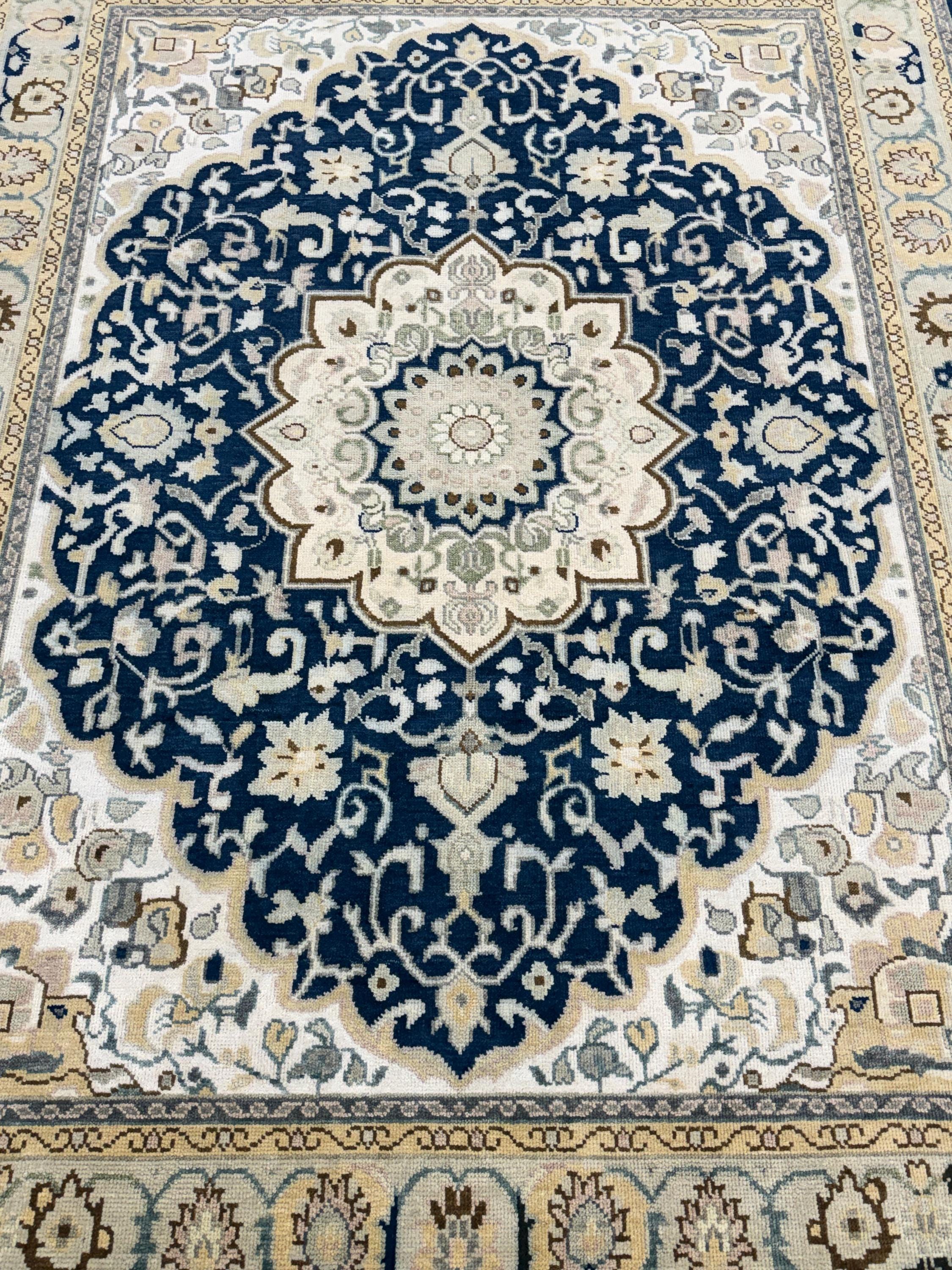 Hand Knotted Wool Medallion Rug, Navy Blue Floral Persian Style Carpet