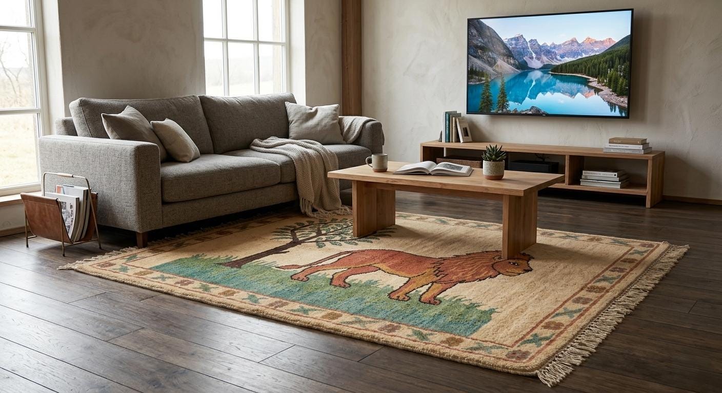 Handmade Lion Tree of Life Wool Rug, Safari Nursery Decor Carpet
