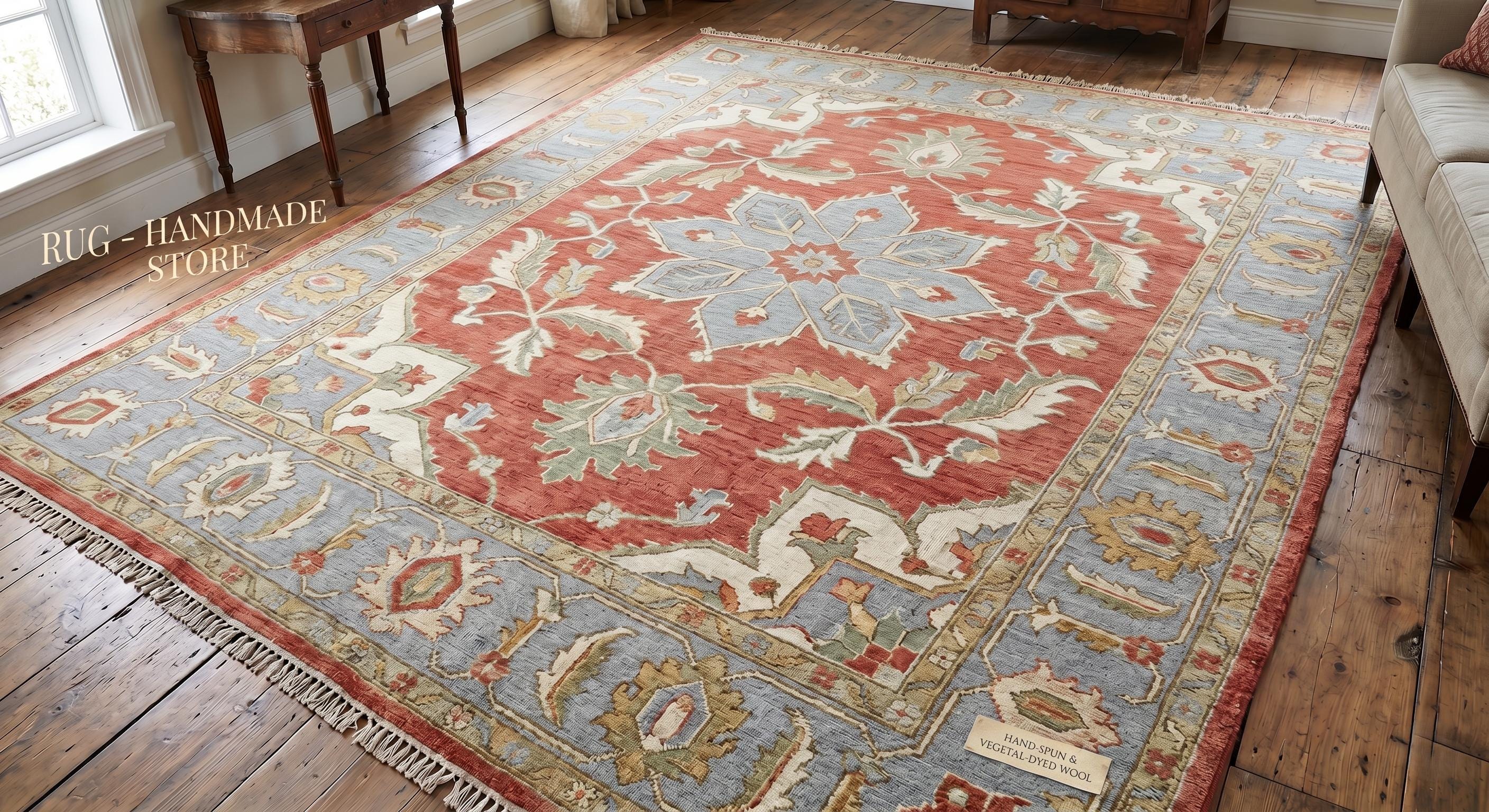 Handmade Oushak Wool Rug, Turkish Floral Carpet, Terracotta Blue Living Room Decor
