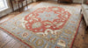 Handmade Oushak Wool Rug, Turkish Floral Carpet, Terracotta Blue Living Room Decor