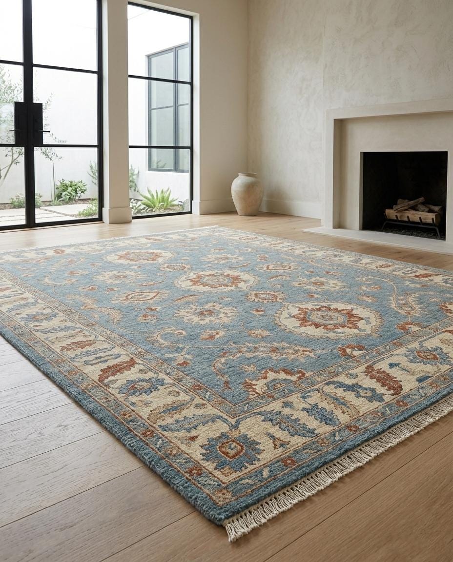 Hand Knotted Oushak Rug, Light Blue Turkish Floral Wool Carpet