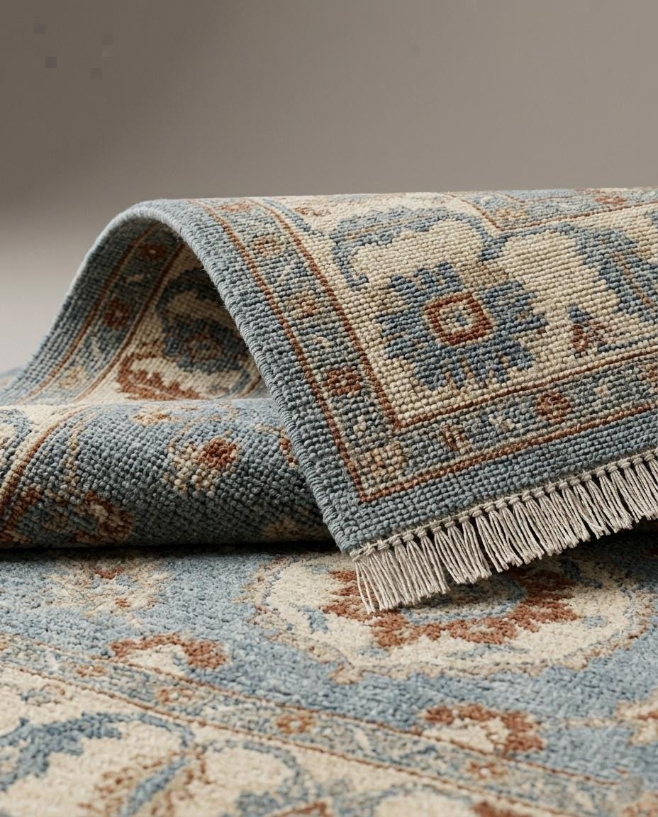 Hand Knotted Oushak Rug, Light Blue Turkish Floral Wool Carpet
