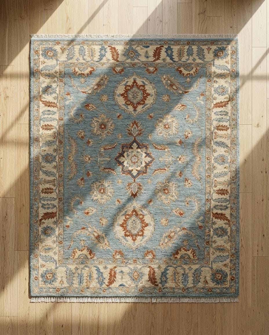 Hand Knotted Oushak Rug, Light Blue Turkish Floral Wool Carpet