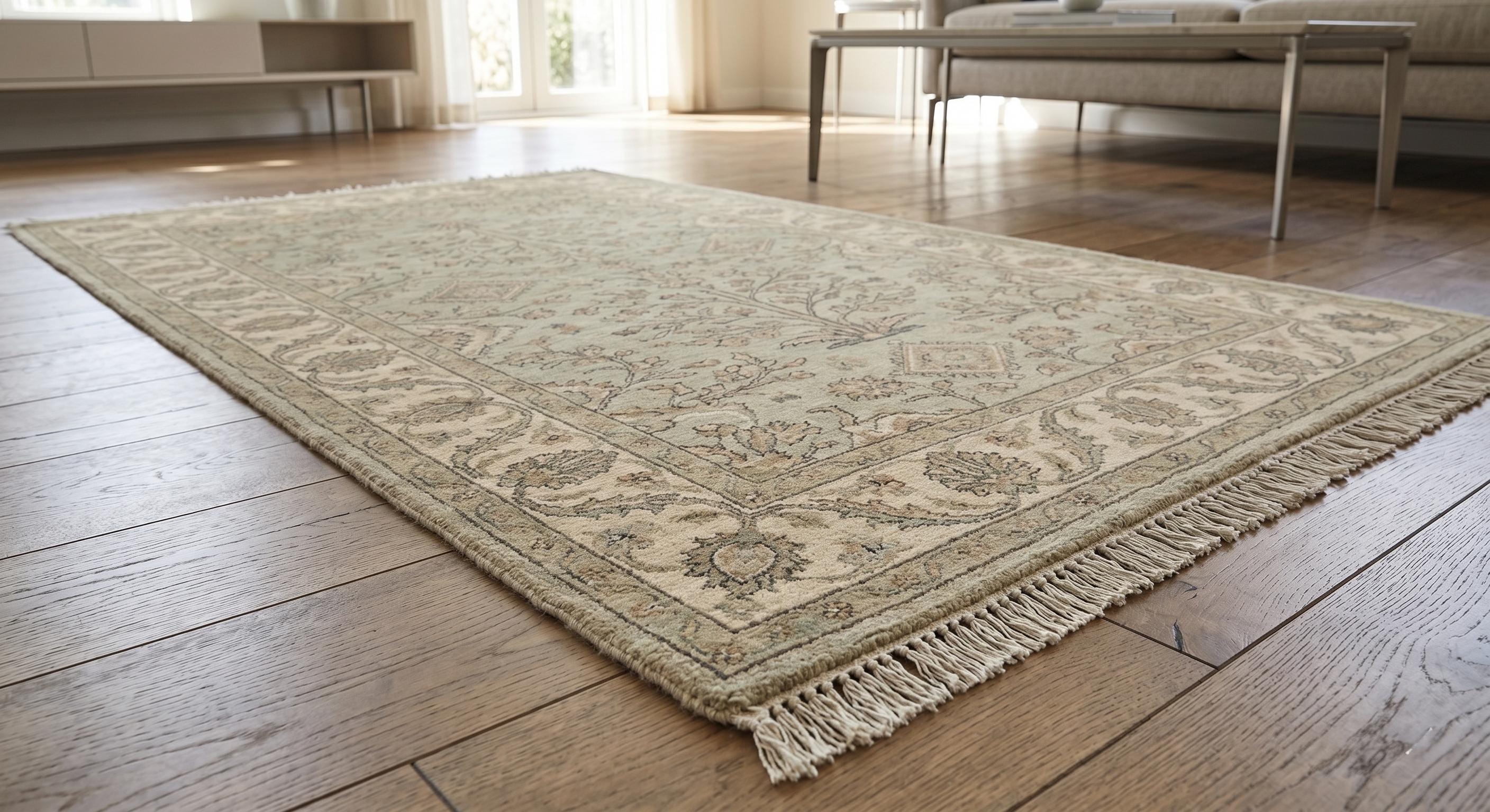 Hand-Knotted Wool Rug, Sage Green Floral Oriental Carpet, Traditional Living Room Decor