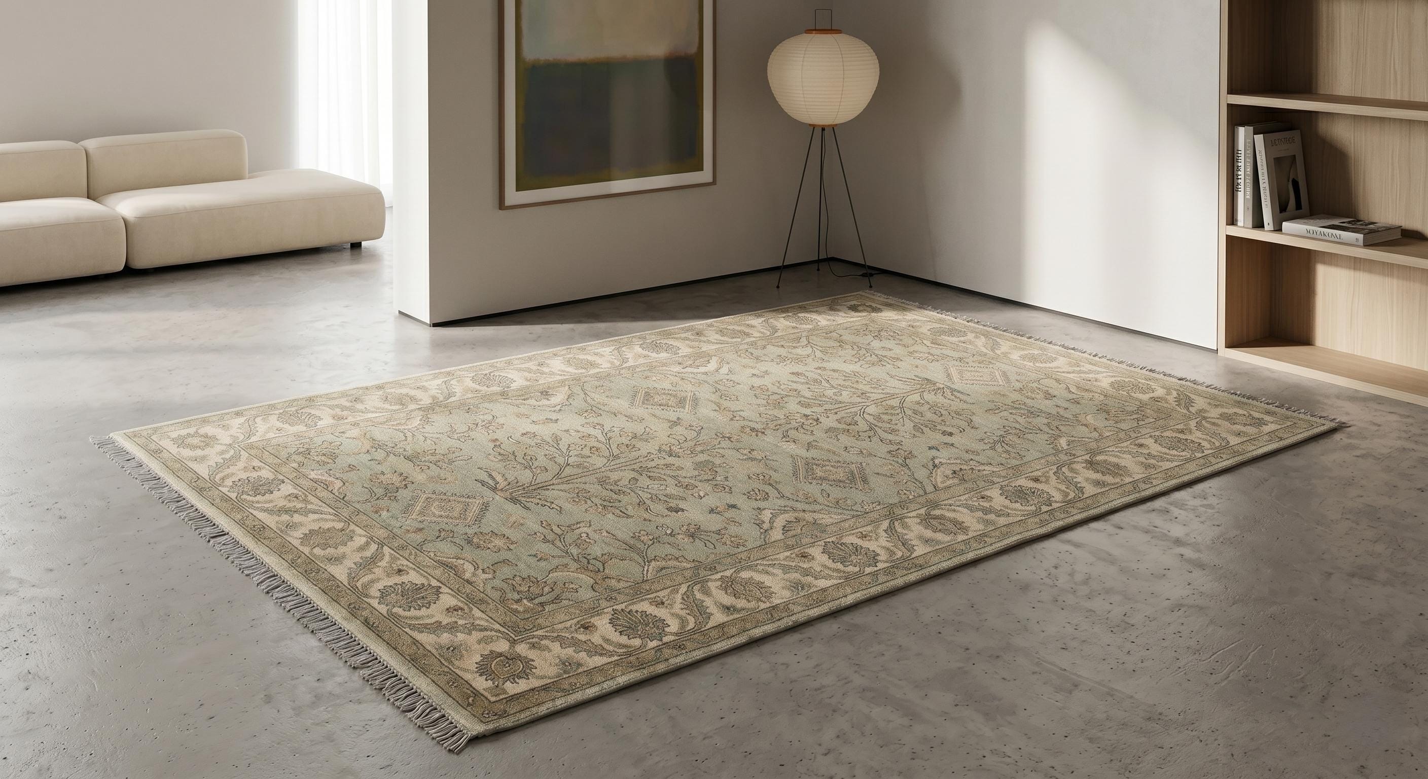 Hand-Knotted Wool Rug, Sage Green Floral Oriental Carpet, Traditional Living Room Decor
