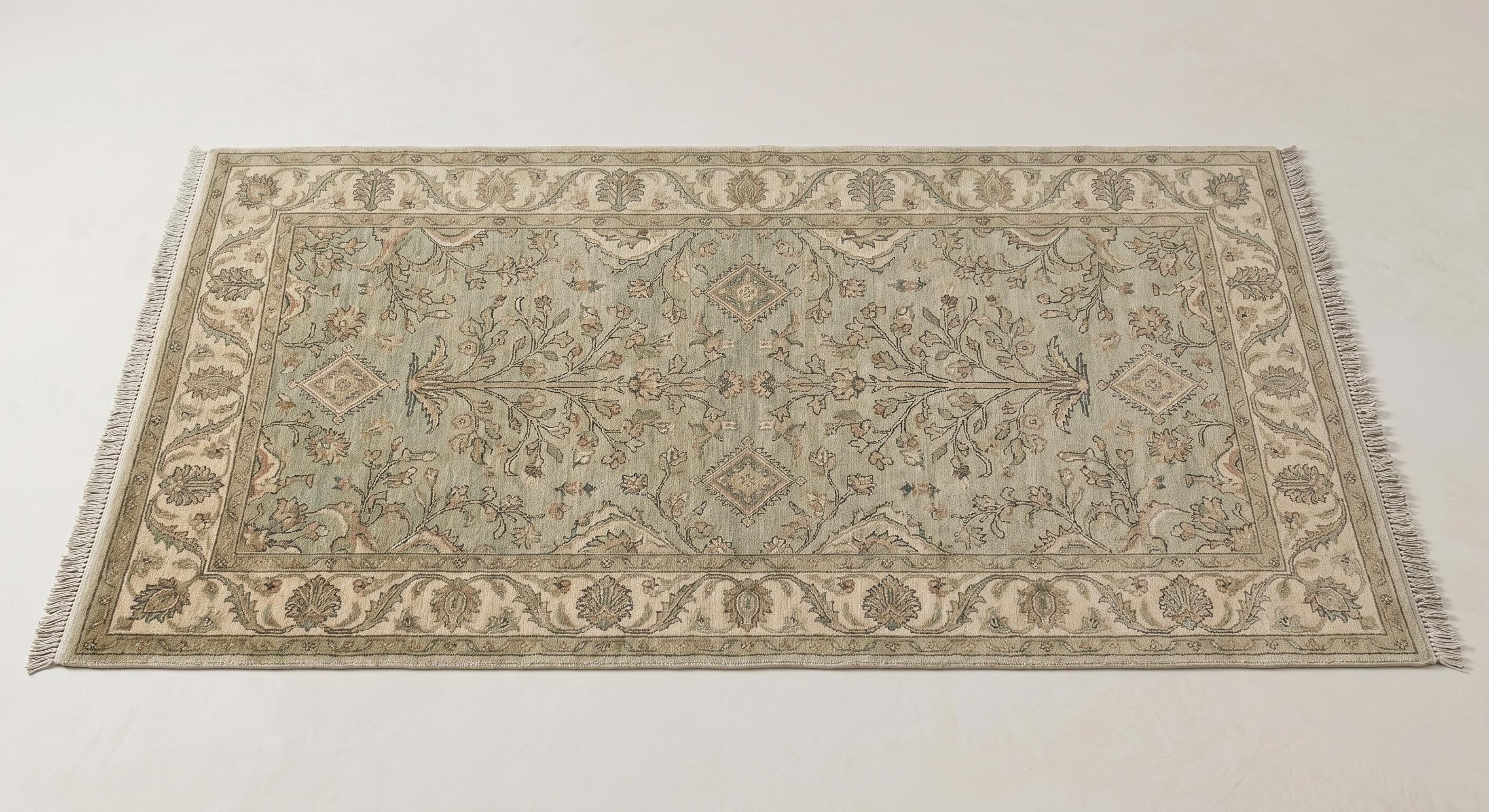 Hand-Knotted Wool Rug, Sage Green Floral Oriental Carpet, Traditional Living Room Decor