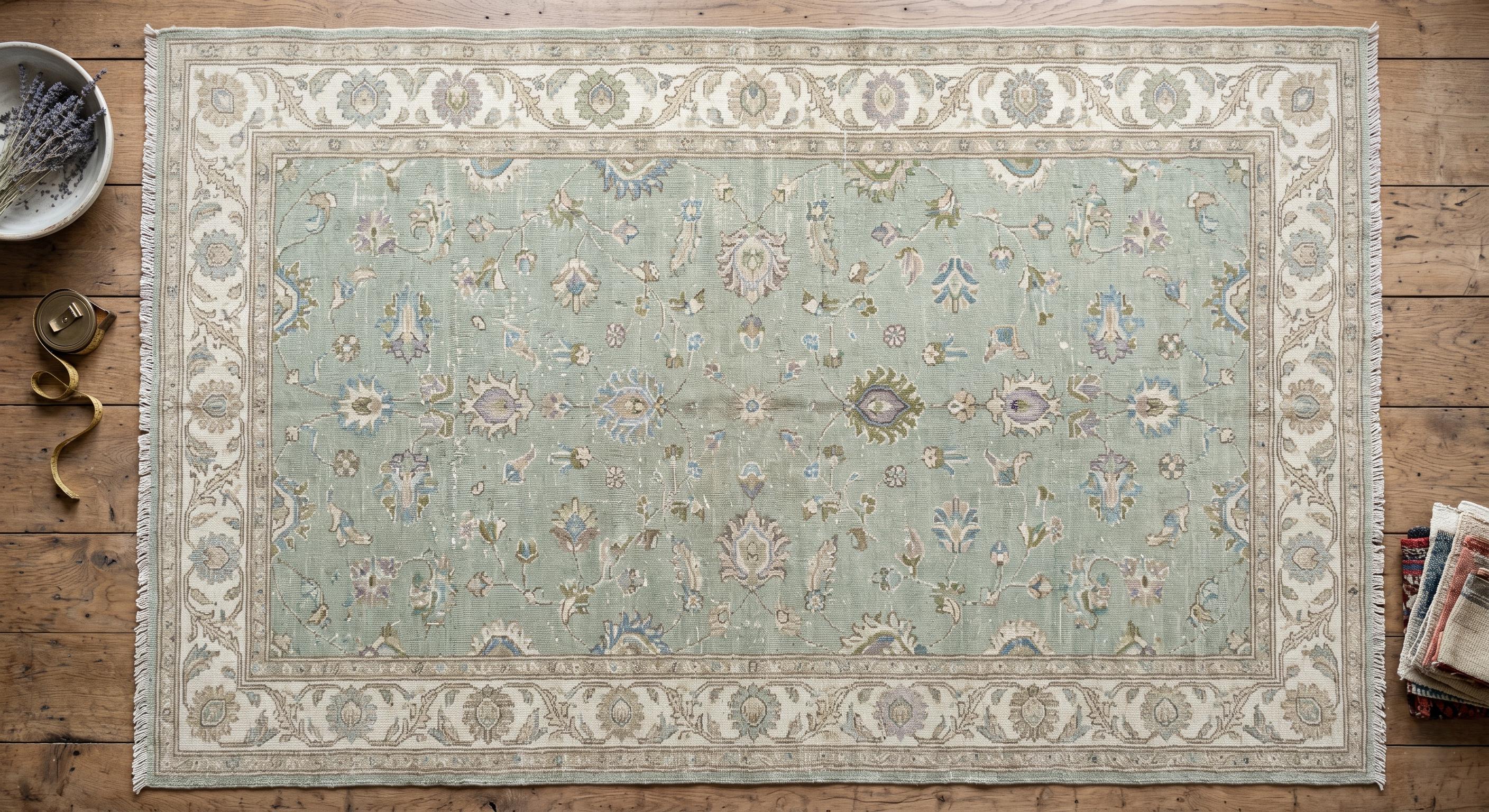 Hand Knotted Oushak Rug, Sage Green Floral Wool Carpet, Turkish Style Area Rug