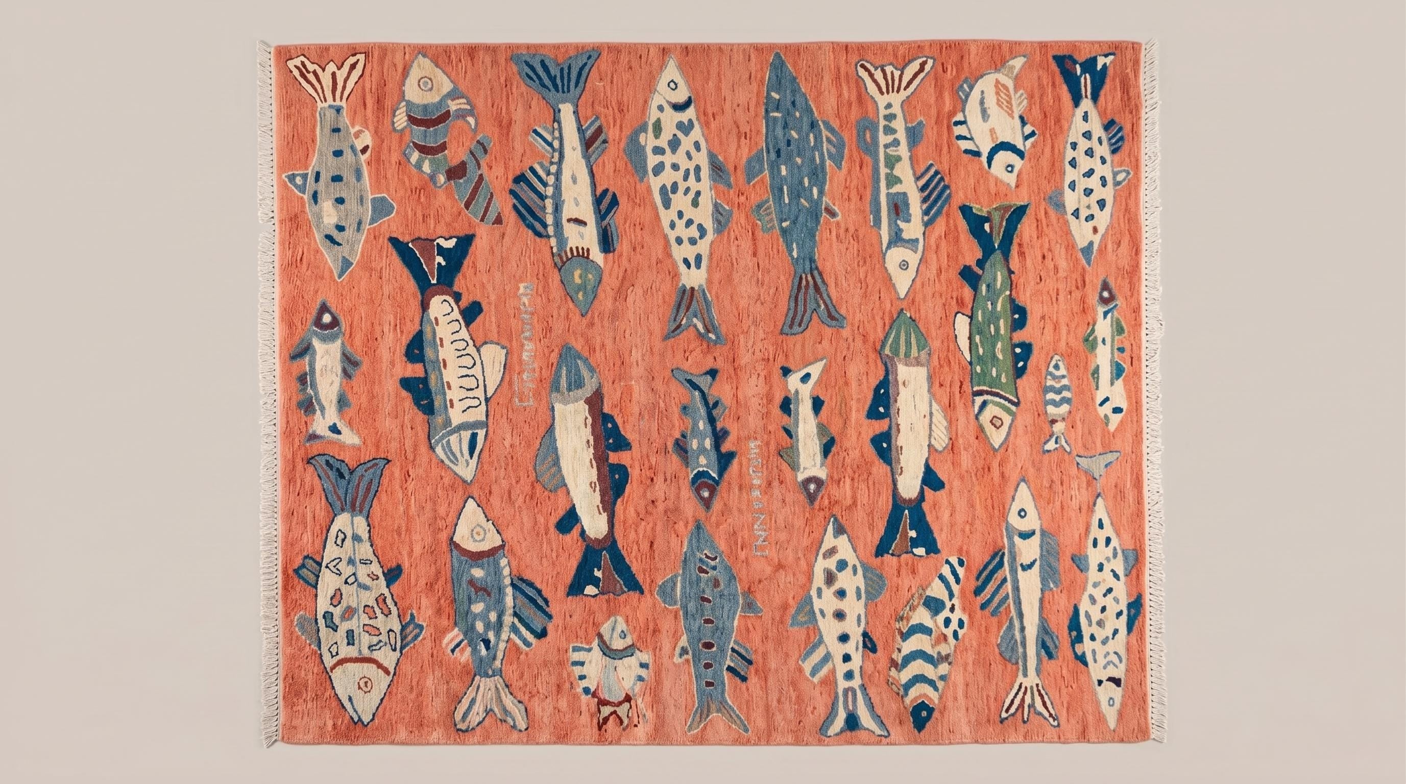 Hand-Knotted Wool Fish Rug, Coral Pink Scandinavian Marine Carpet