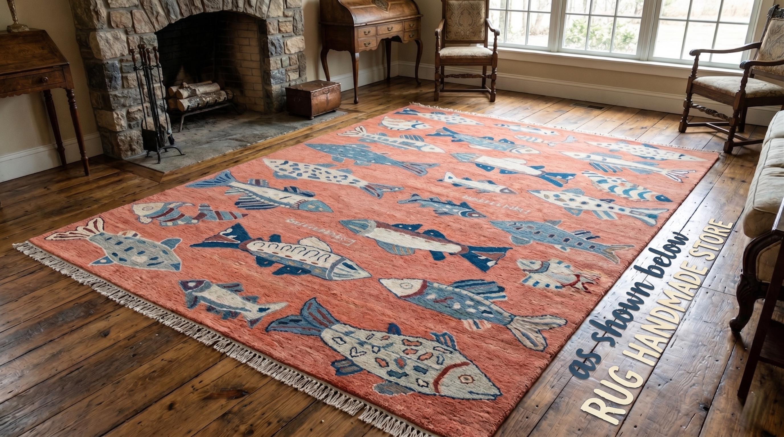 Hand-Knotted Wool Fish Rug, Coral Pink Scandinavian Marine Carpet