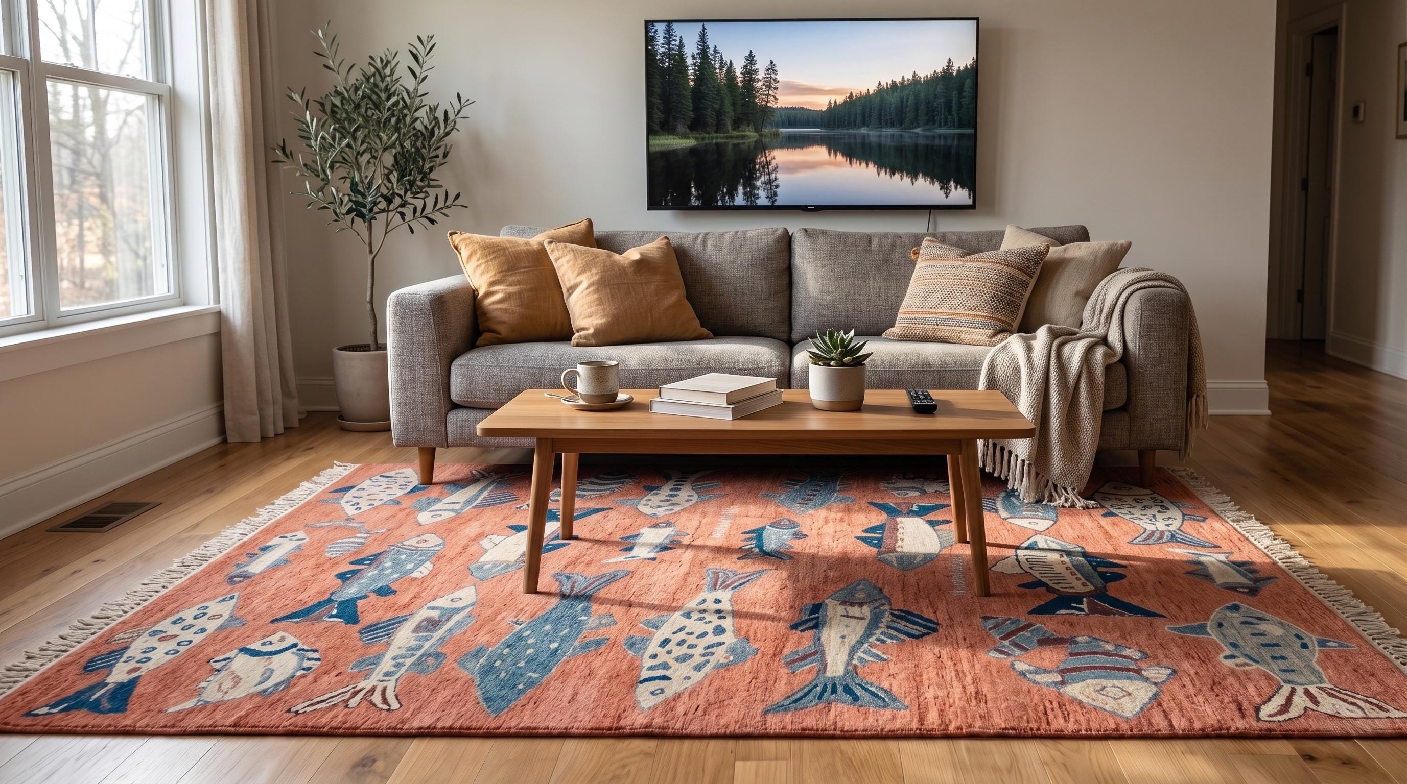 Hand-Knotted Wool Fish Rug, Coral Pink Scandinavian Marine Carpet