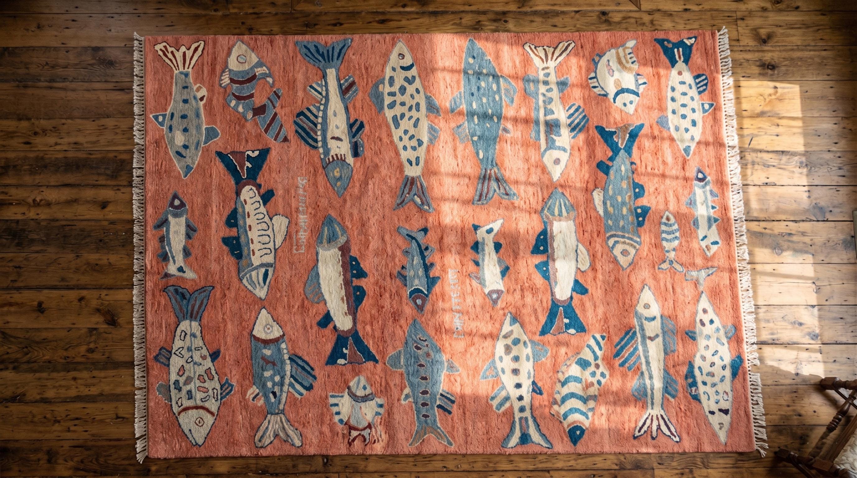 Hand-Knotted Wool Fish Rug, Coral Pink Scandinavian Marine Carpet