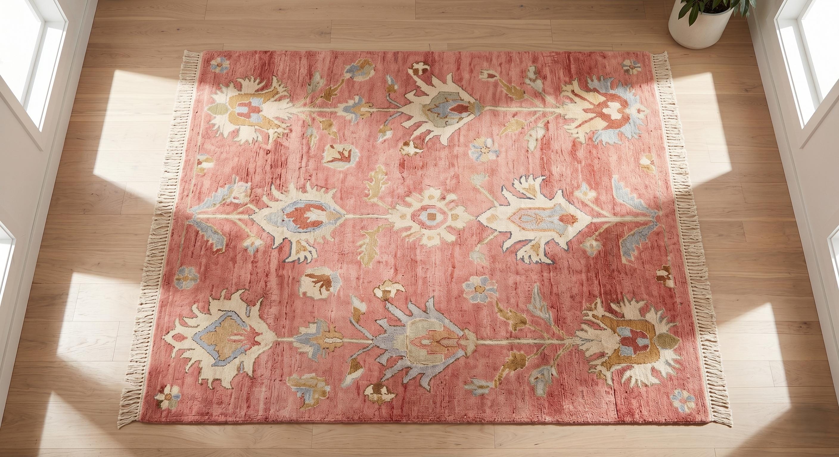 Hand Knotted Pink Floral Oushak Style Wool Rug, Vintage Turkish Area Decor