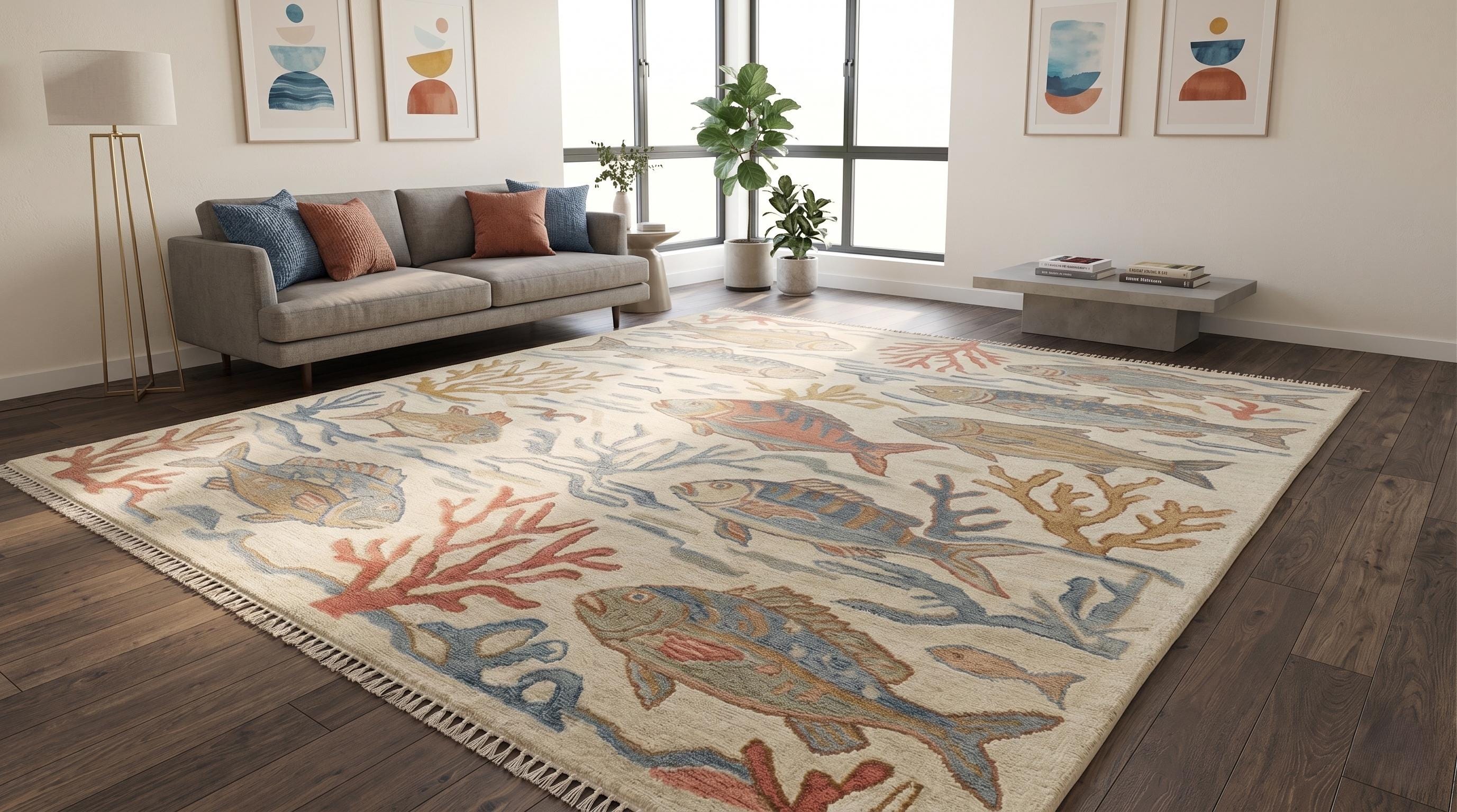 Hand-Knotted Wool Fish Rug, Ocean Coral Nautical Beach House Decor Carpet