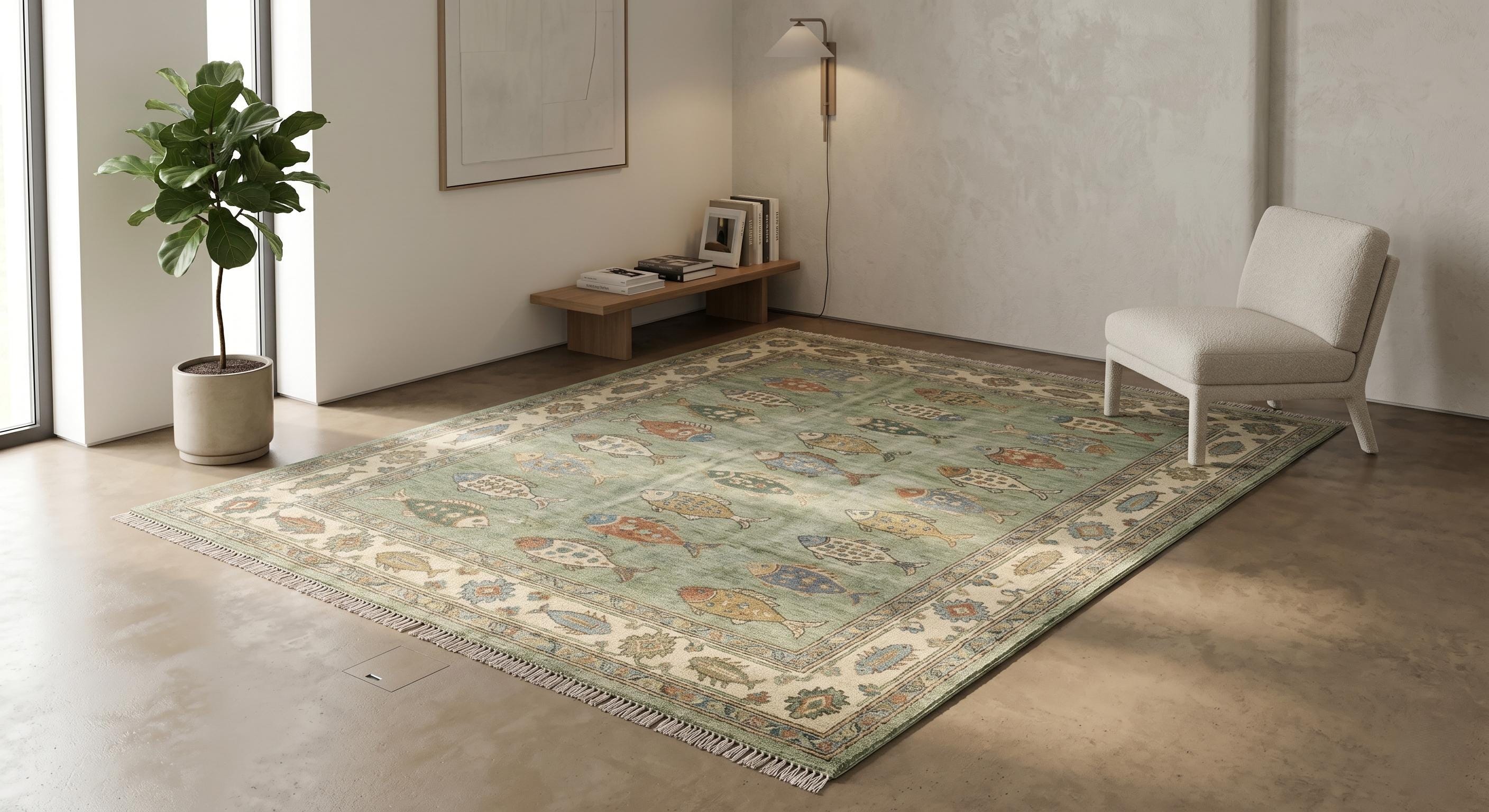 Hand-knotted Wool Fish Area Rug, Coastal Sea Life Carpet