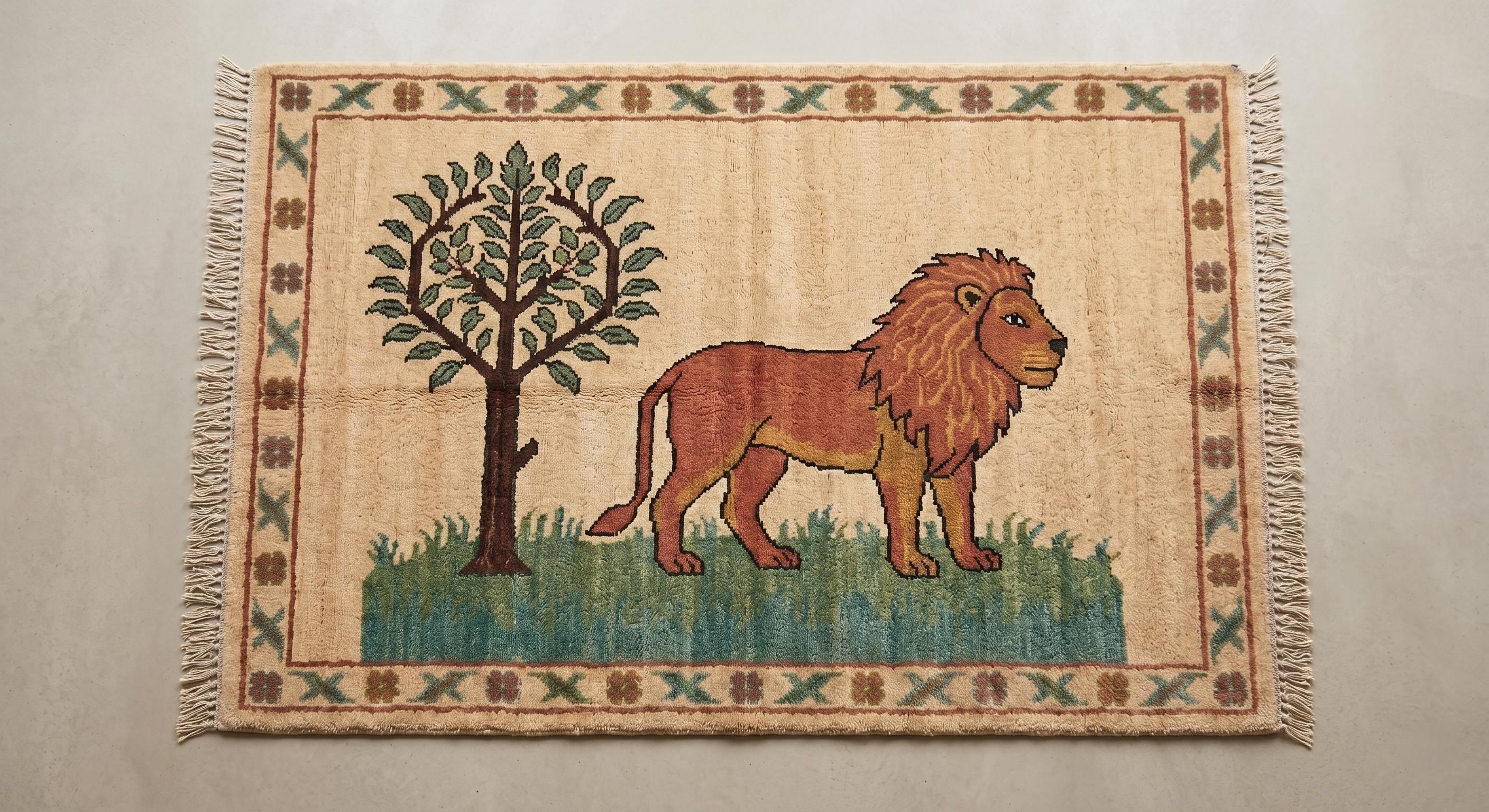 Handmade Lion Tree of Life Wool Rug, Safari Nursery Decor Carpet