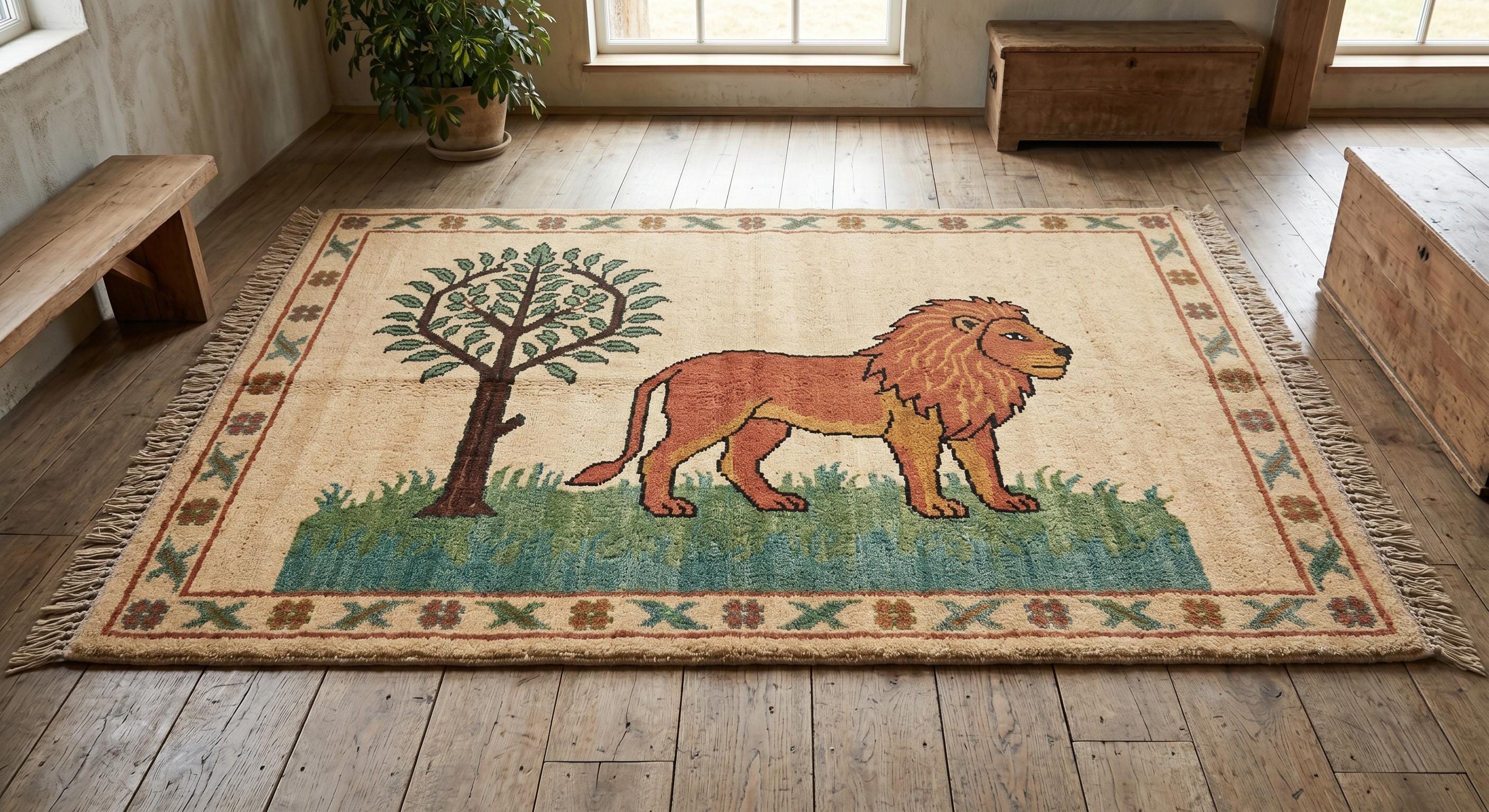 Handmade Lion Tree of Life Wool Rug, Safari Nursery Decor Carpet