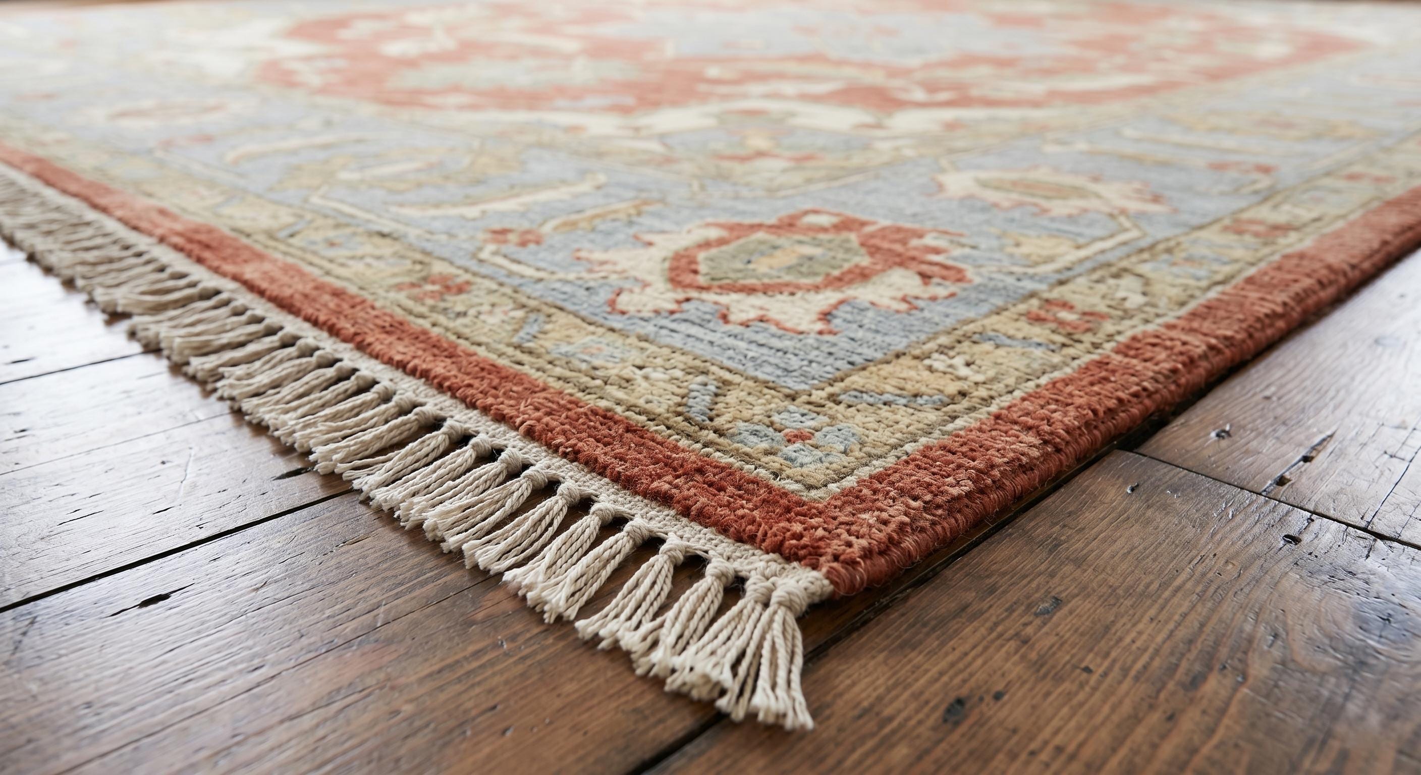 Handmade Oushak Wool Rug, Turkish Floral Carpet, Terracotta Blue Living Room Decor