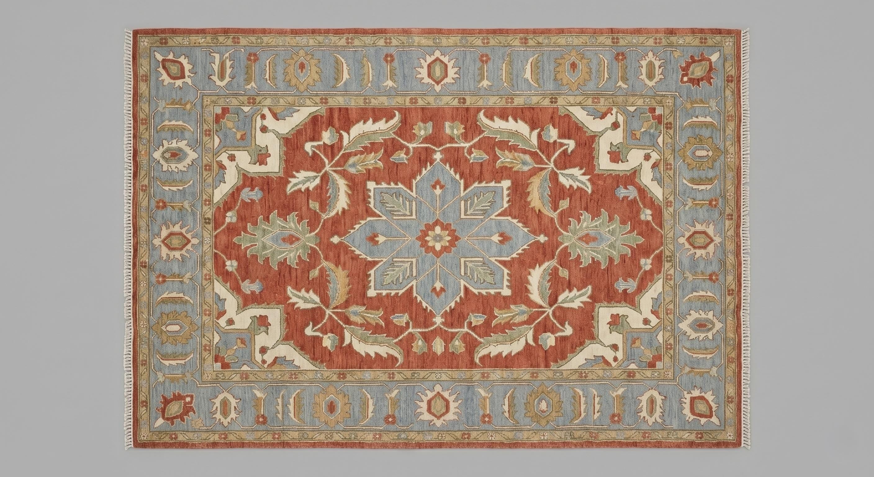 Handmade Oushak Wool Rug, Turkish Floral Carpet, Terracotta Blue Living Room Decor