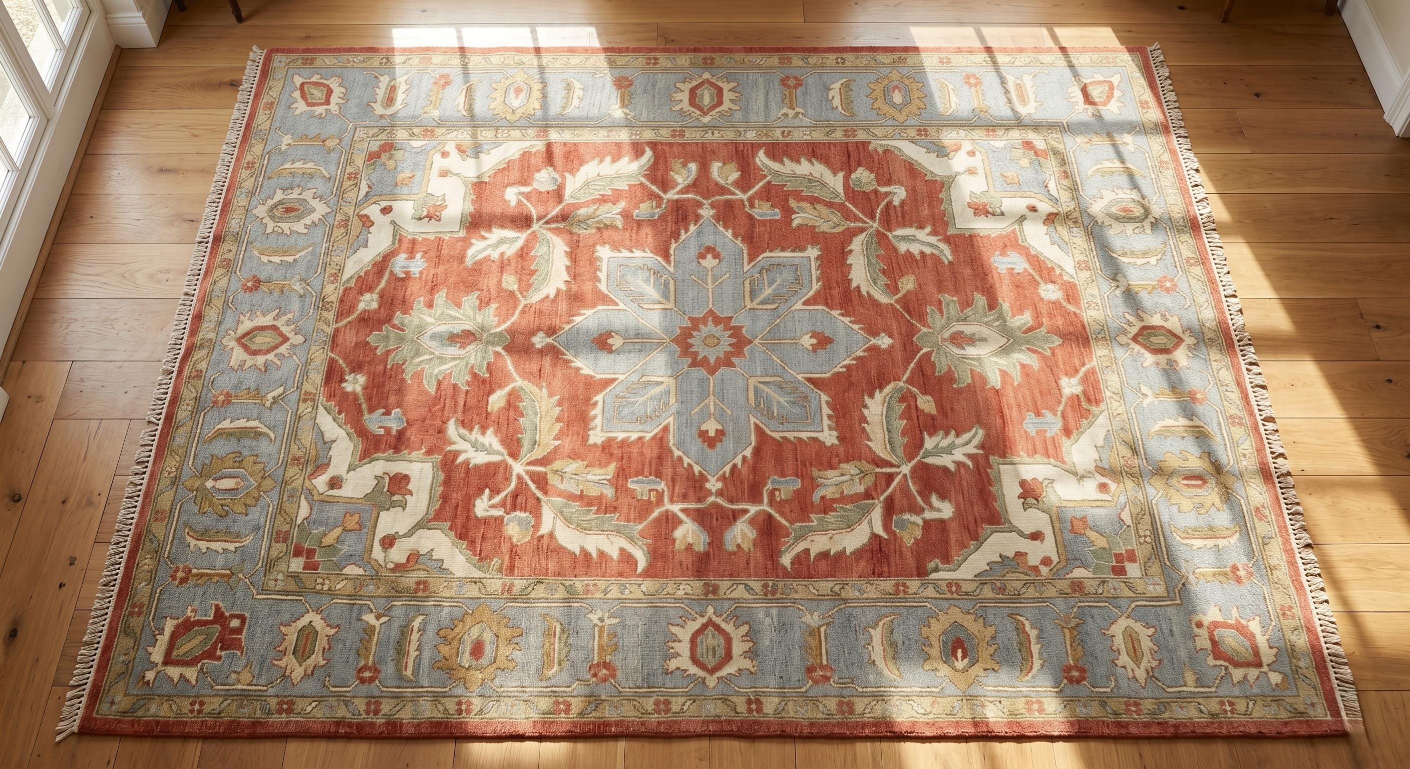 Handmade Oushak Wool Rug, Turkish Floral Carpet, Terracotta Blue Living Room Decor
