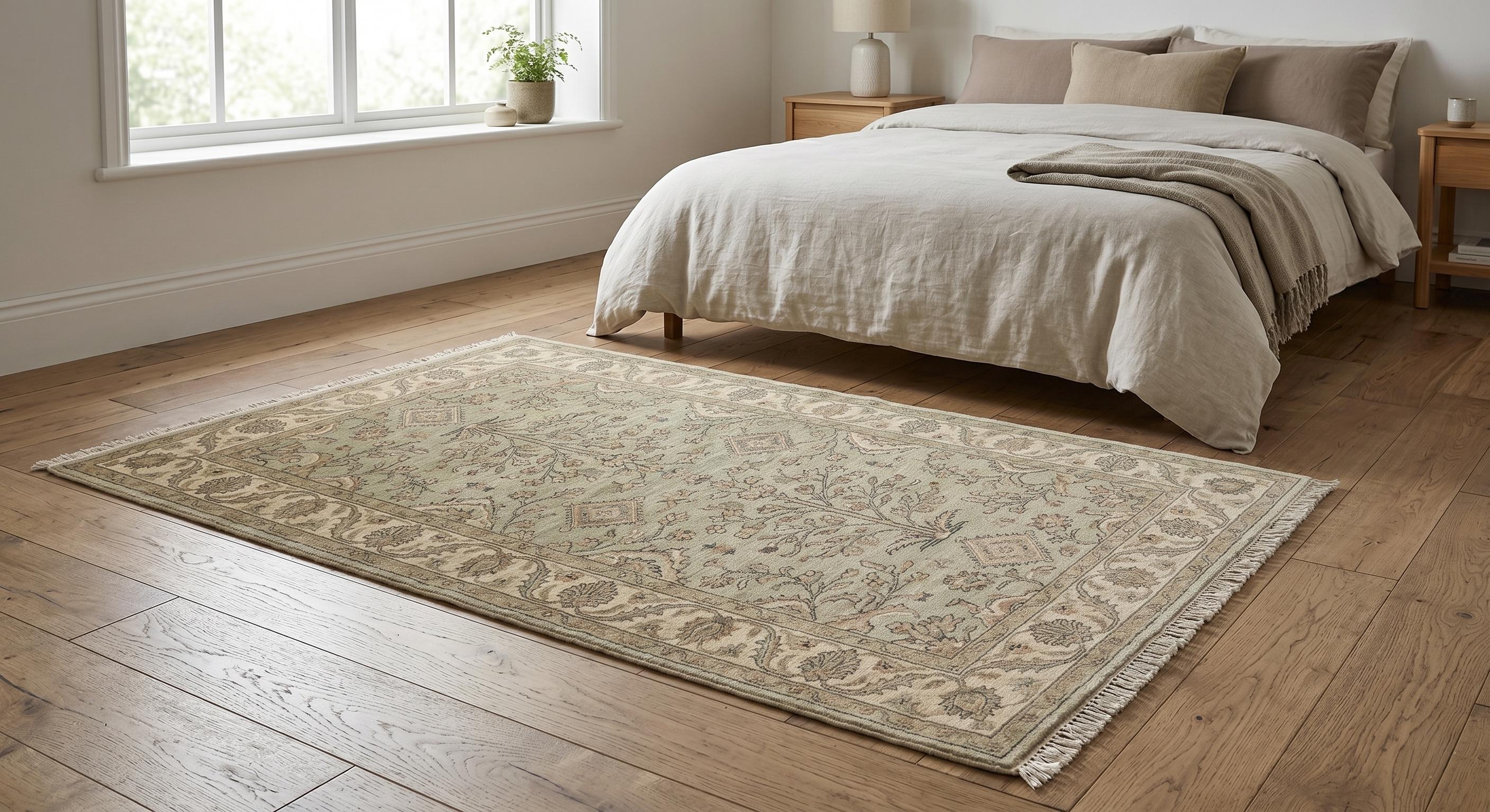 Hand-Knotted Wool Rug, Sage Green Floral Oriental Carpet, Traditional Living Room Decor