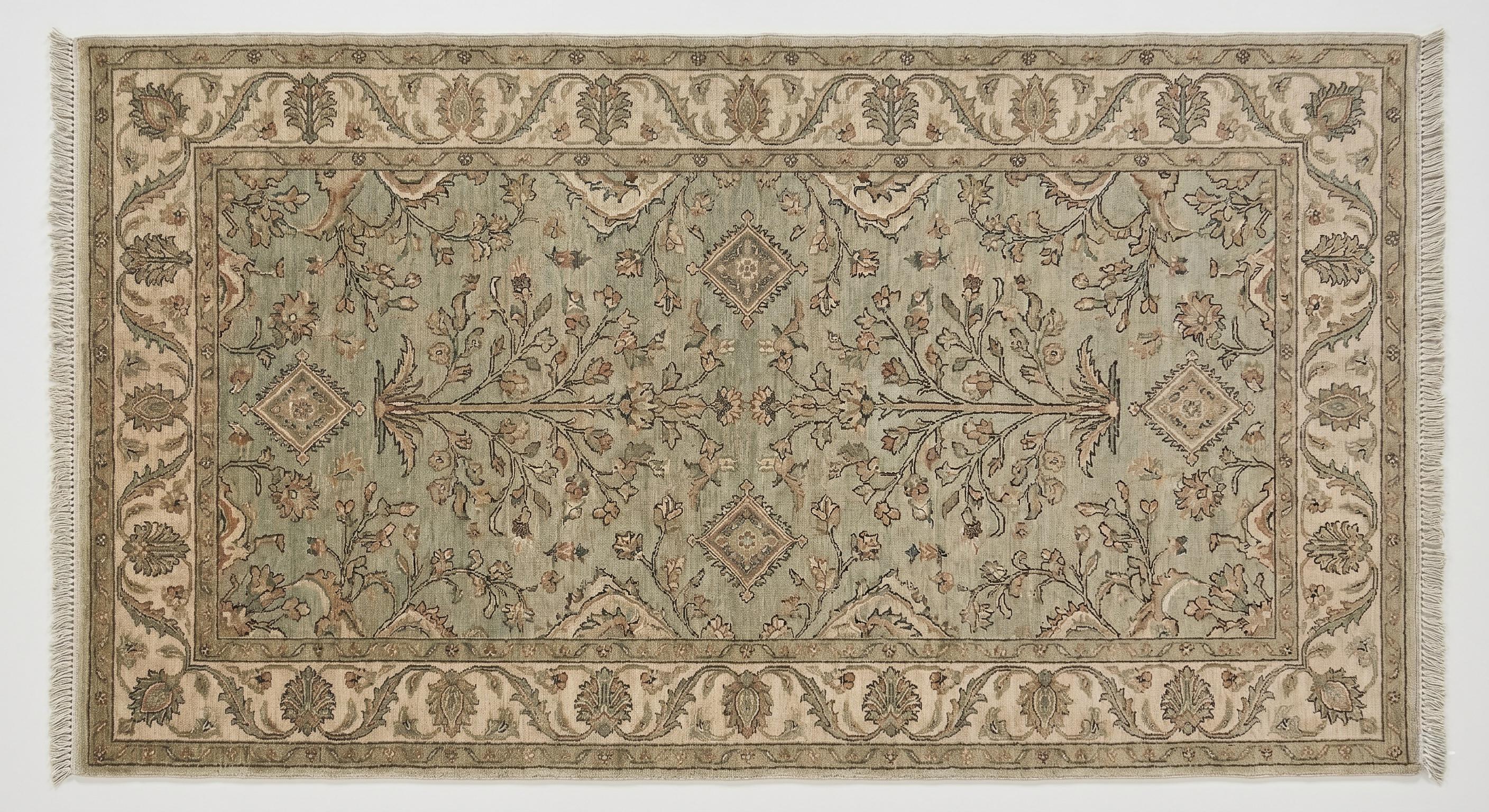 Hand-Knotted Wool Rug, Sage Green Floral Oriental Carpet, Traditional Living Room Decor