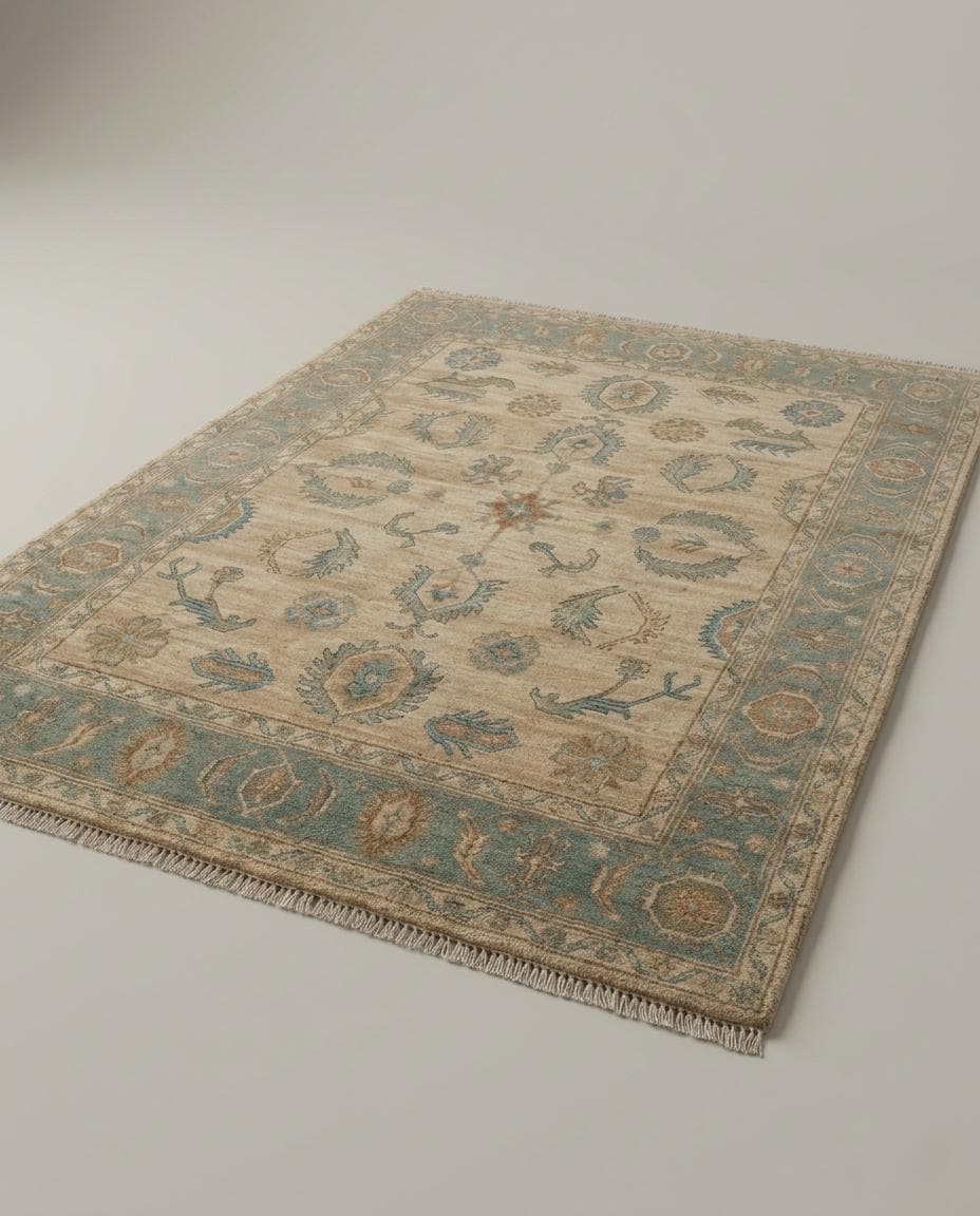 Handmade Oushak Wool Rug, Turkish Floral Carpet, Beige Blue Area Rug