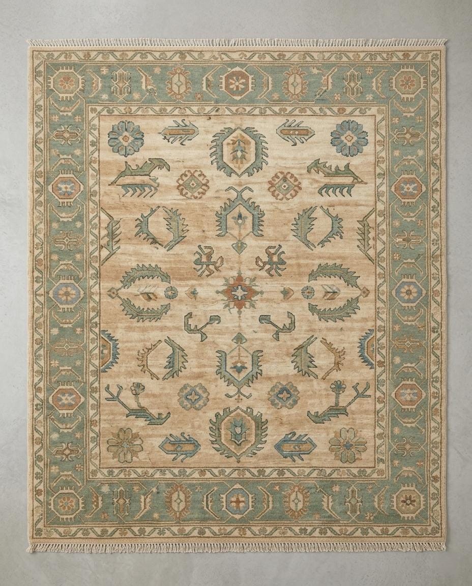 Handmade Oushak Wool Rug, Turkish Floral Carpet, Beige Blue Area Rug