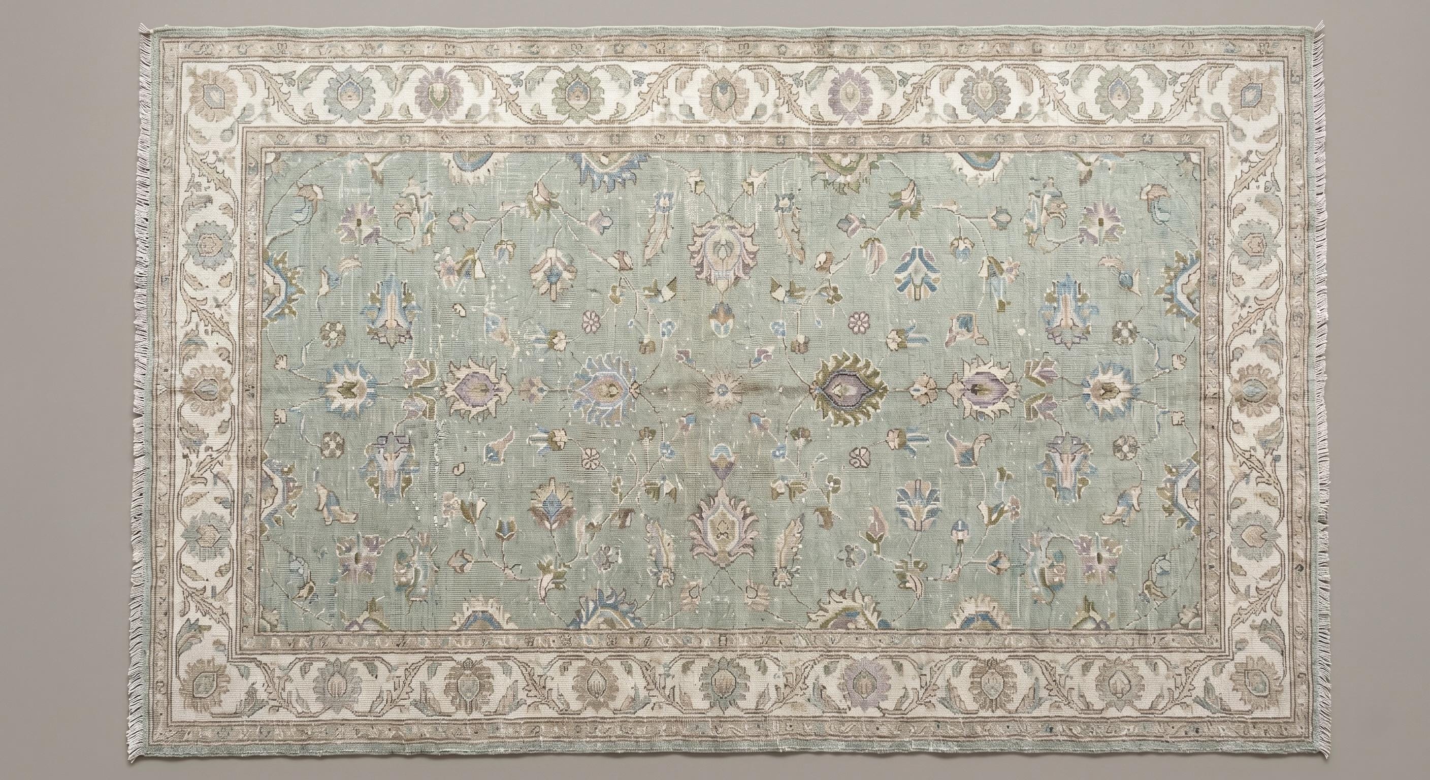Hand Knotted Oushak Rug, Sage Green Floral Wool Carpet, Turkish Style Area Rug
