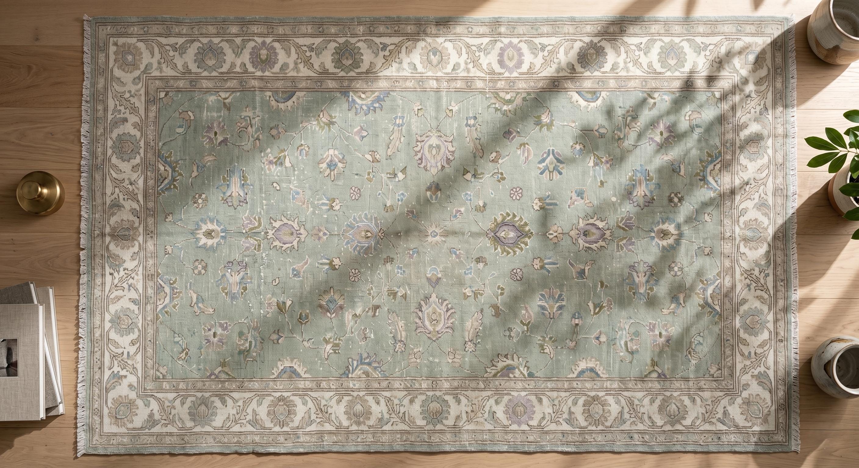 Hand Knotted Oushak Rug, Sage Green Floral Wool Carpet, Turkish Style Area Rug
