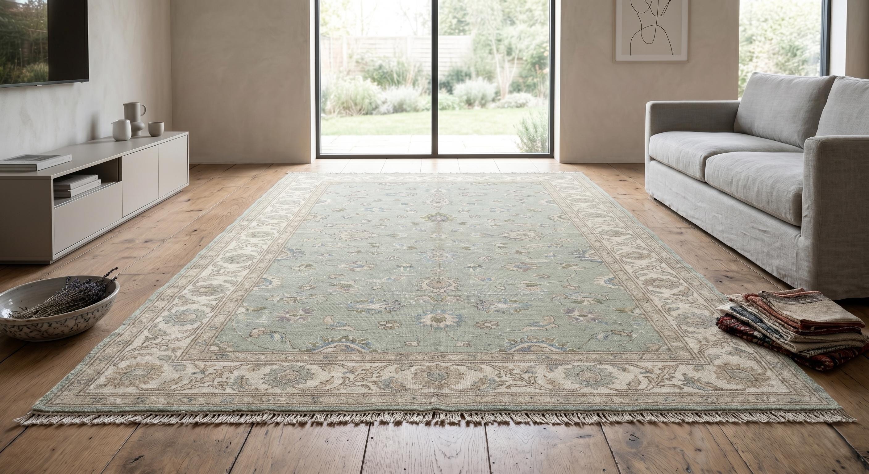 Hand Knotted Oushak Rug, Sage Green Floral Wool Carpet, Turkish Style Area Rug