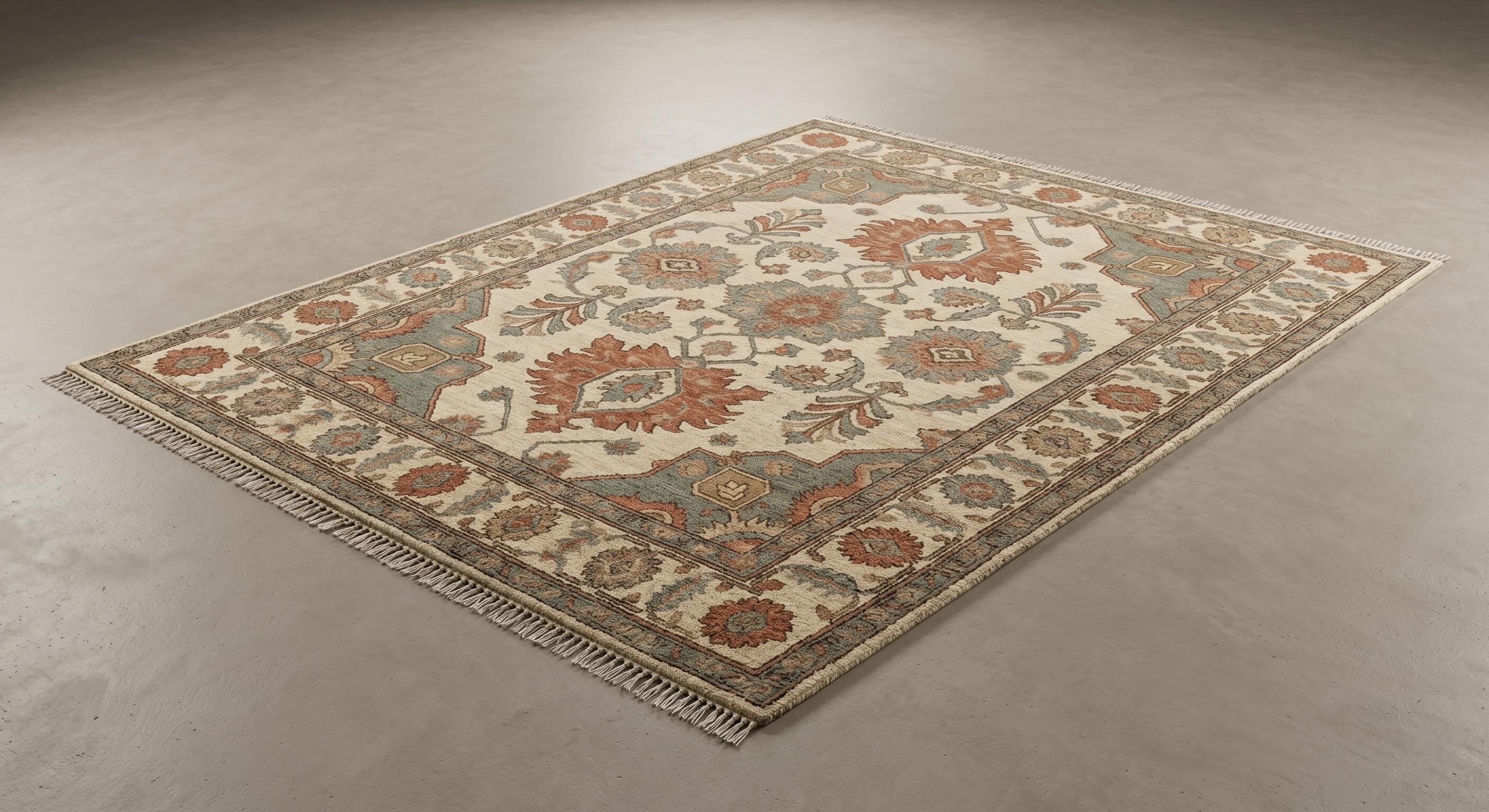 Vintage Oushak Rug, Handmade Knotted Wool Rug, Turkish Style Area Rug, Floral Medallion Carpet, Beige Blue Rust Rug