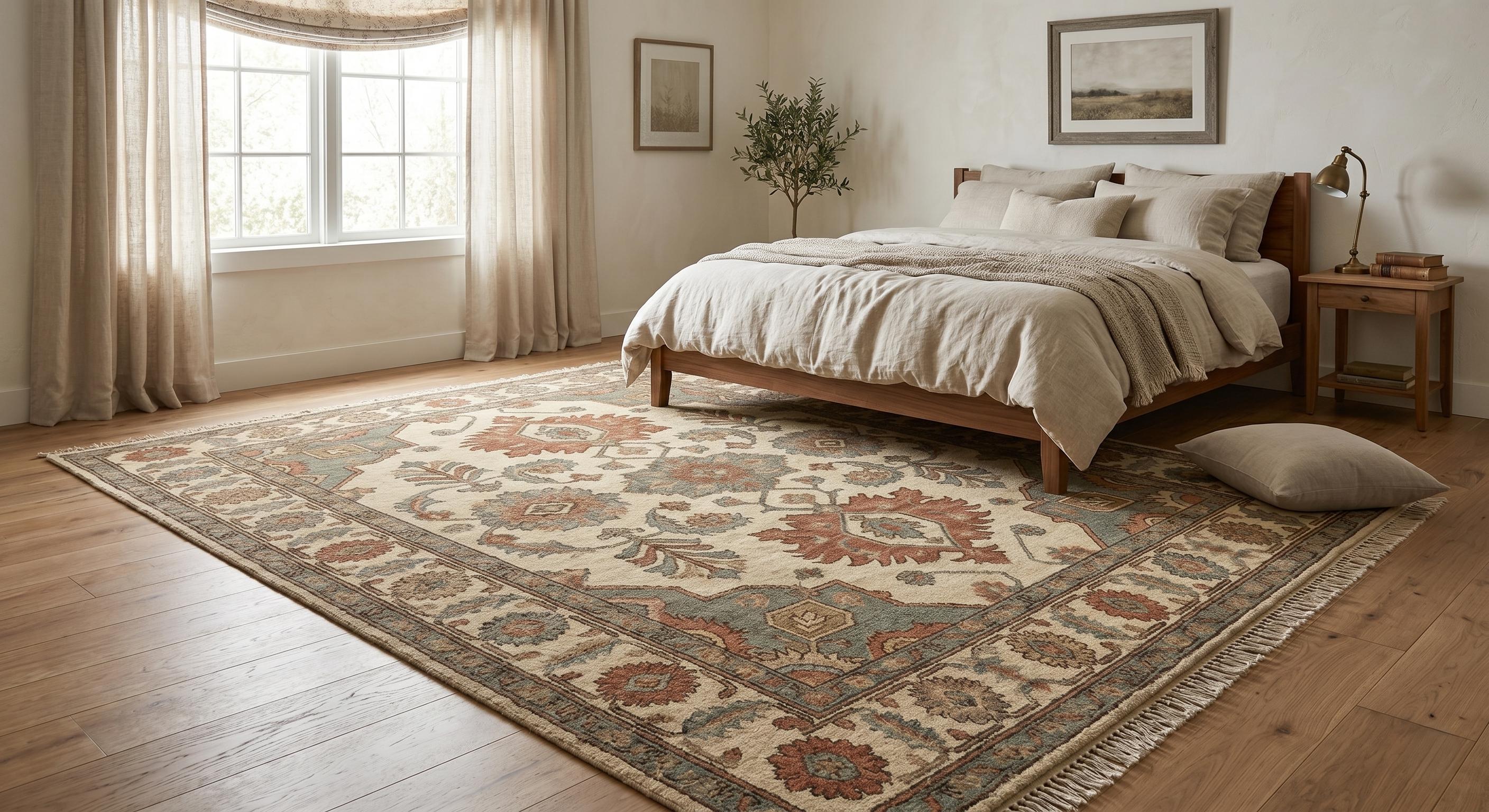 Vintage Oushak Rug, Handmade Knotted Wool Rug, Turkish Style Area Rug, Floral Medallion Carpet, Beige Blue Rust Rug