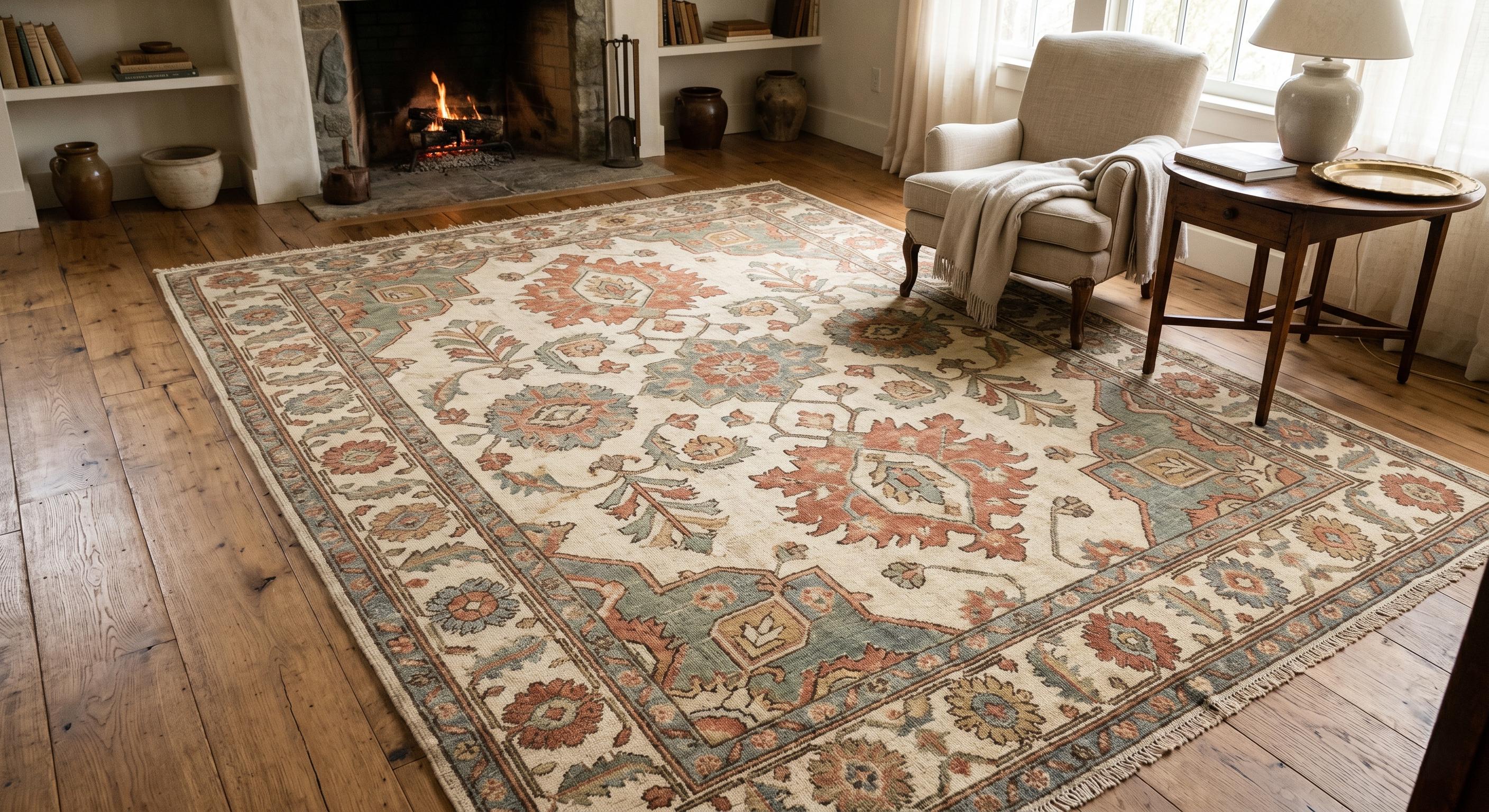 Vintage Oushak Rug, Handmade Knotted Wool Rug, Turkish Style Area Rug, Floral Medallion Carpet, Beige Blue Rust Rug