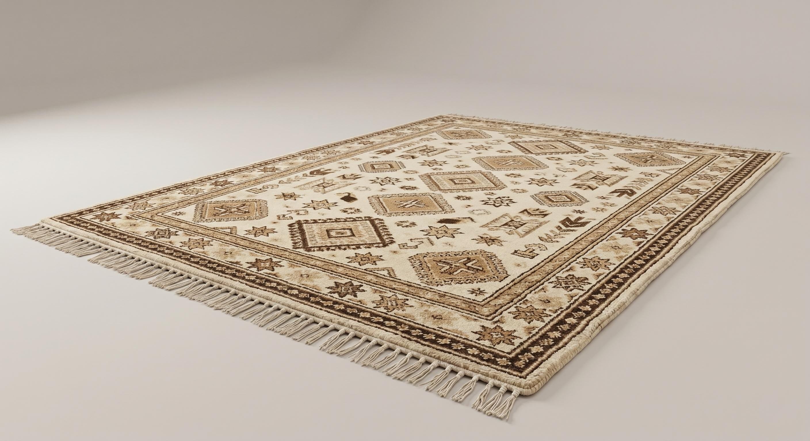 Hand Knotted Tribal Wool Rug, Beige Brown Area Rug, Vintage Inspired Geometric Carpet, Boho Living Room Rug, Handmade Fringe Rug