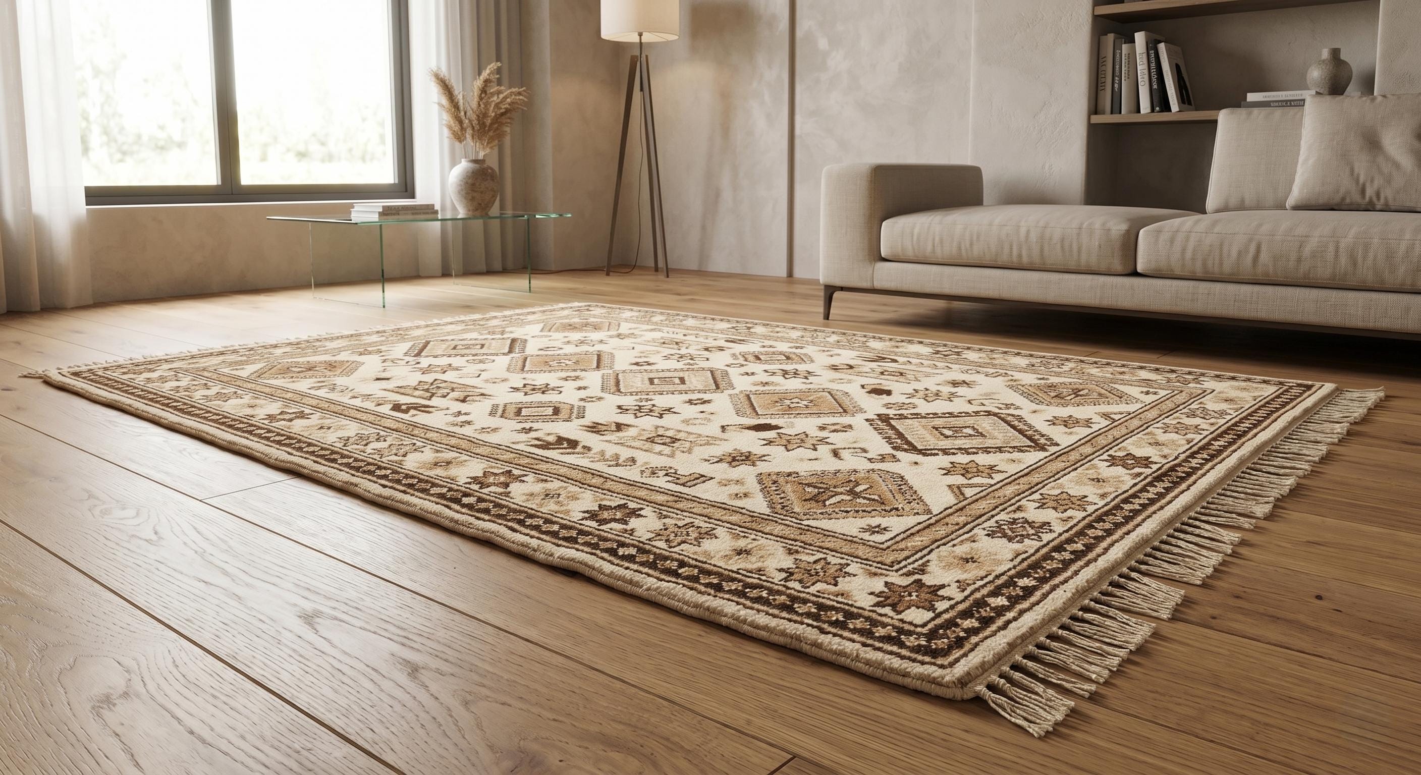 Hand Knotted Tribal Wool Rug, Beige Brown Area Rug, Vintage Inspired Geometric Carpet, Boho Living Room Rug, Handmade Fringe Rug