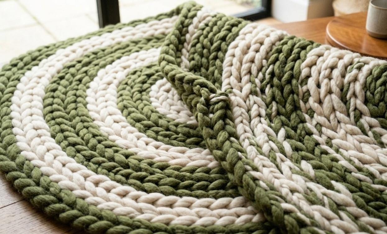 Handmade Chunky Wool Rug, Green Spiral Braided Circle Carpet, Boho Textured Modern Decor