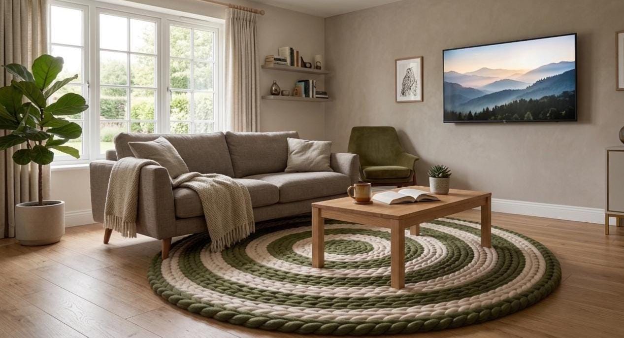 Handmade Chunky Wool Rug, Green Spiral Braided Circle Carpet, Boho Textured Modern Decor