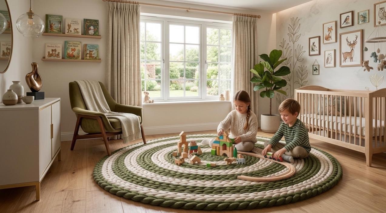 Handmade Chunky Wool Rug, Green Spiral Braided Circle Carpet, Boho Textured Modern Decor