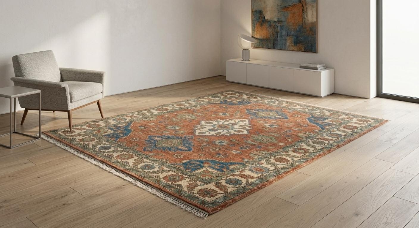 High Quality Hand Knotted Wool Rug, Terracotta Blue Area Rug, Vintage Style Carpet, Traditional Medallion Living Room Rug, Size-12x15,9x12ft