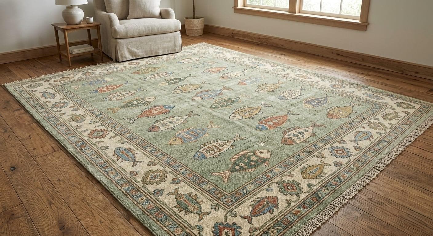 Hand-knotted Wool Fish Area Rug, Coastal Sea Life Carpet