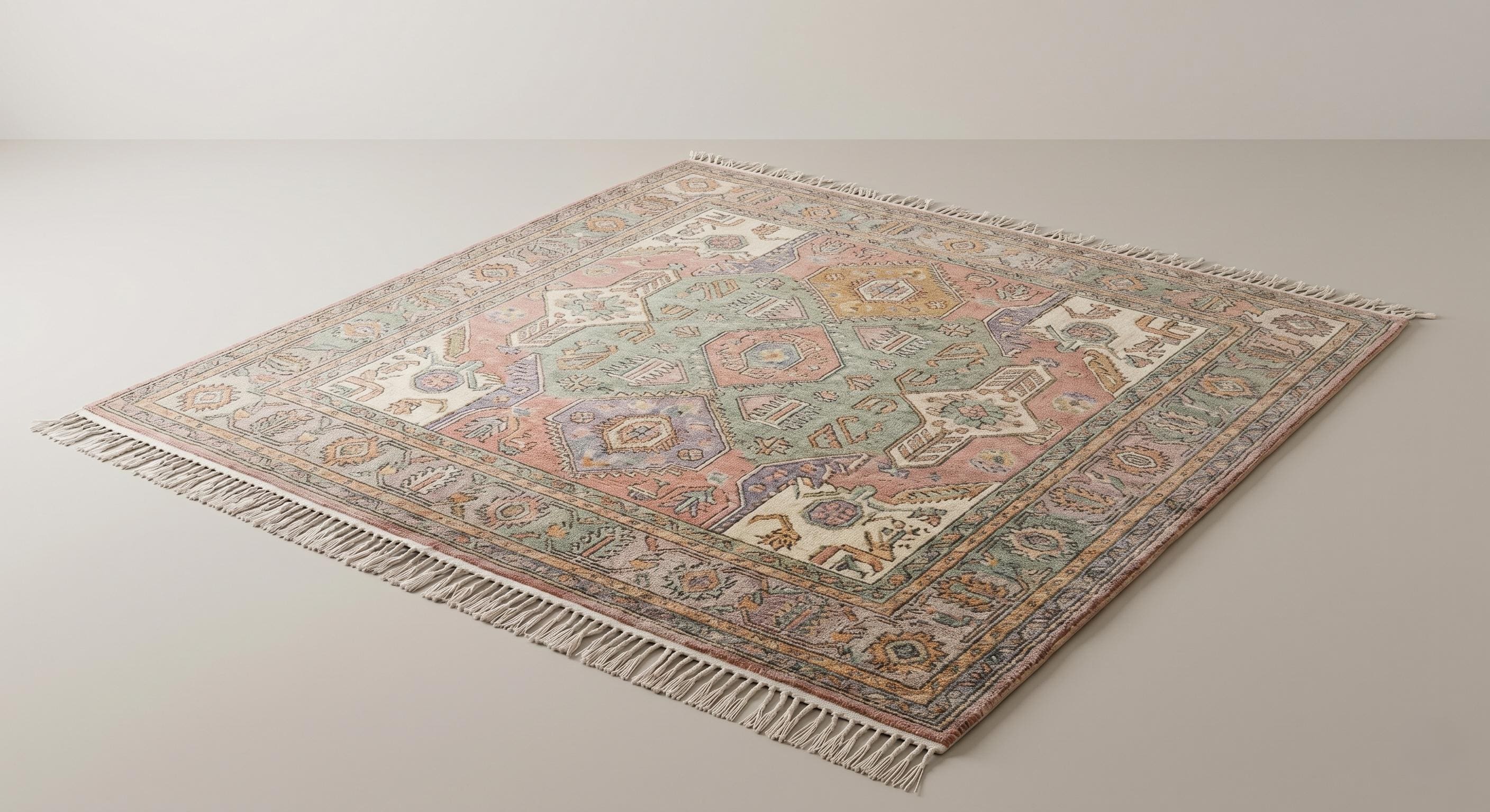 Handmade Pastel Knotted Rug, Handmade Wool Area Rug, Vintage Oushak Style Carpet, Boho Living Room Rug, Soft Pink Green Rug Size-9x12,8x10ft