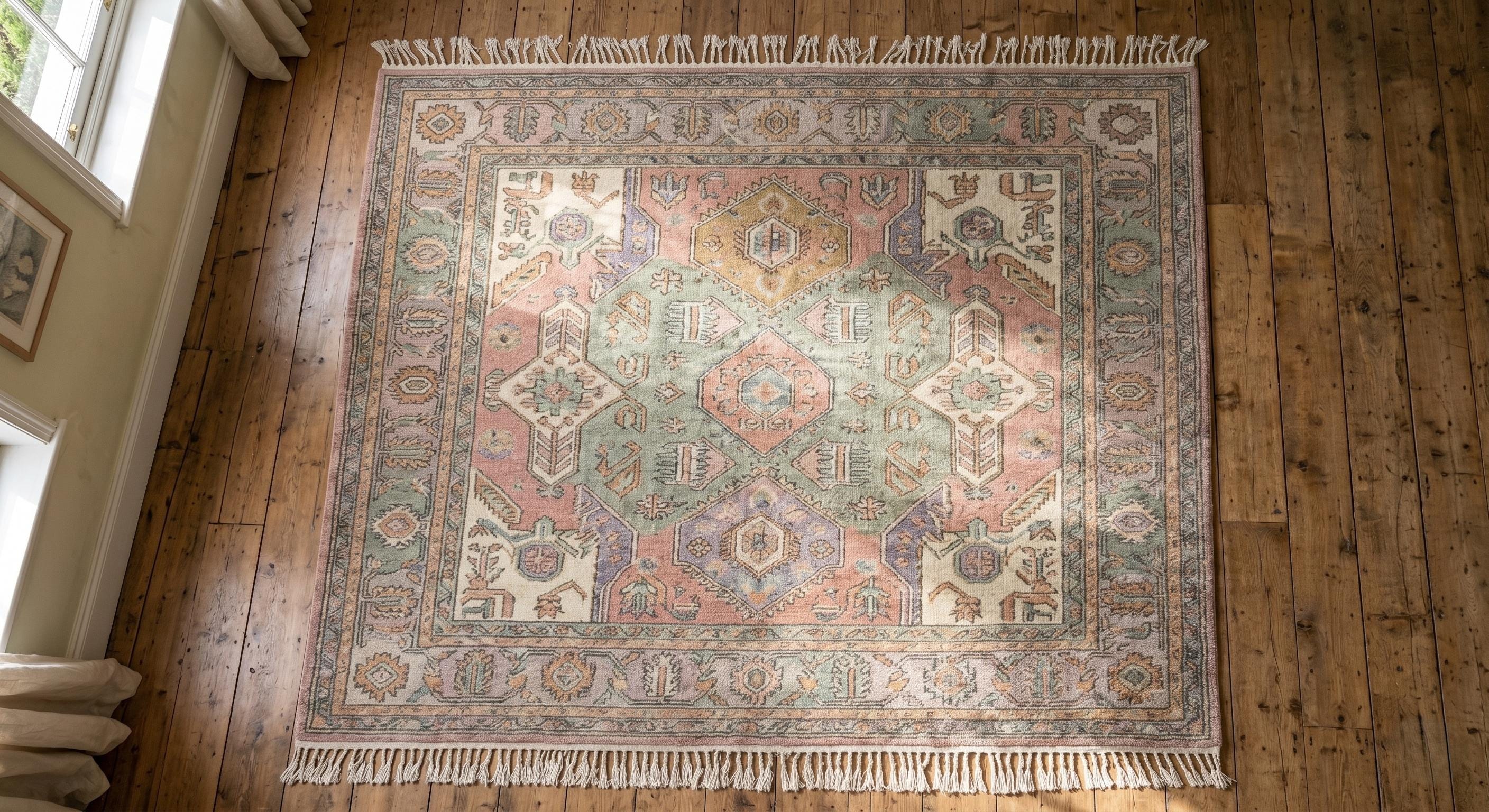 Handmade Pastel Knotted Rug, Handmade Wool Area Rug, Vintage Oushak Style Carpet, Boho Living Room Rug, Soft Pink Green Rug Size-9x12,8x10ft